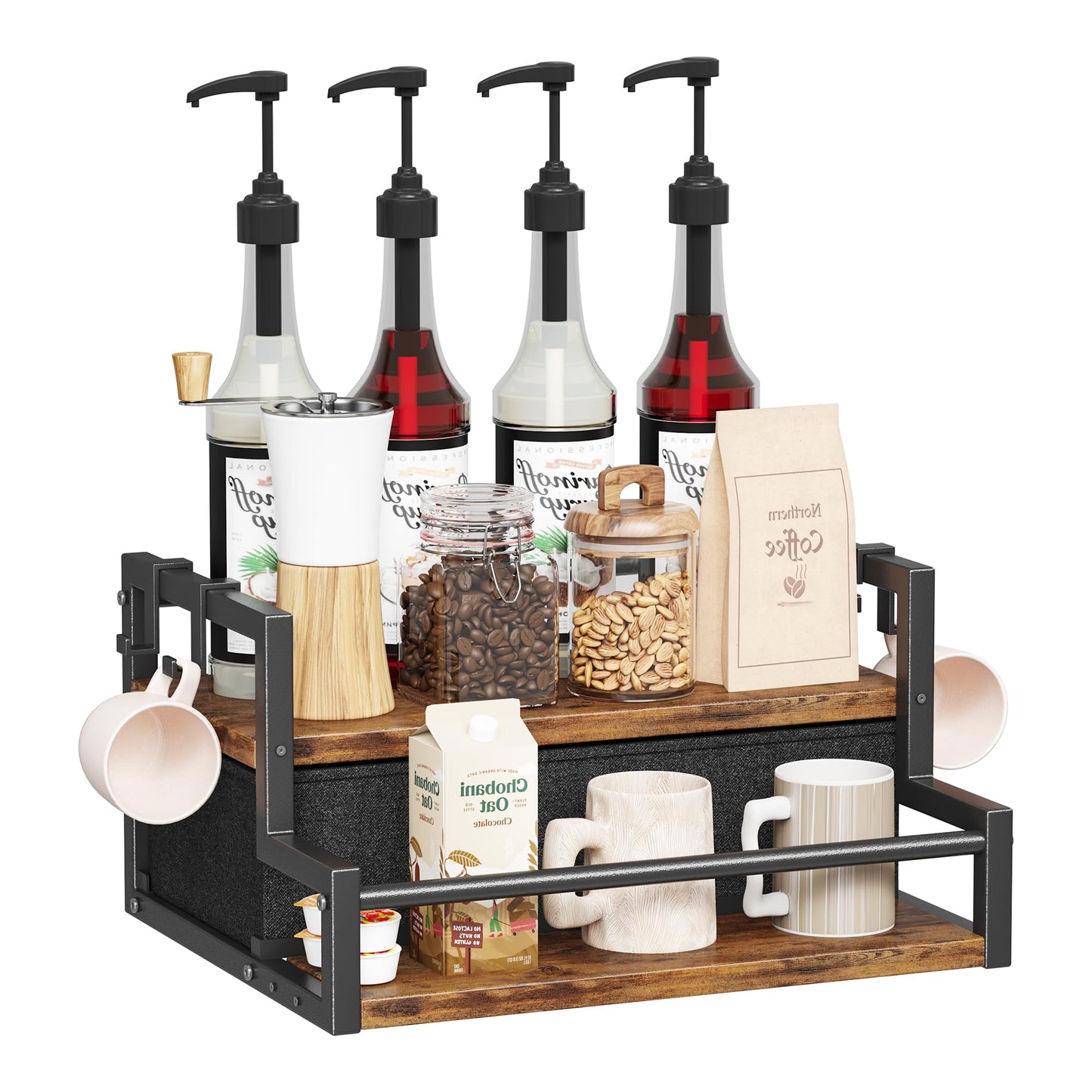 Coffee Syrup Organizer Rack, 2-Tier Coffee Bar Accessories, Bottle Holder Stand with K Cup Storage Drawer for Coffee bar, Wine Rack, Storage Shelves for Syrup. (Rustic Brown)