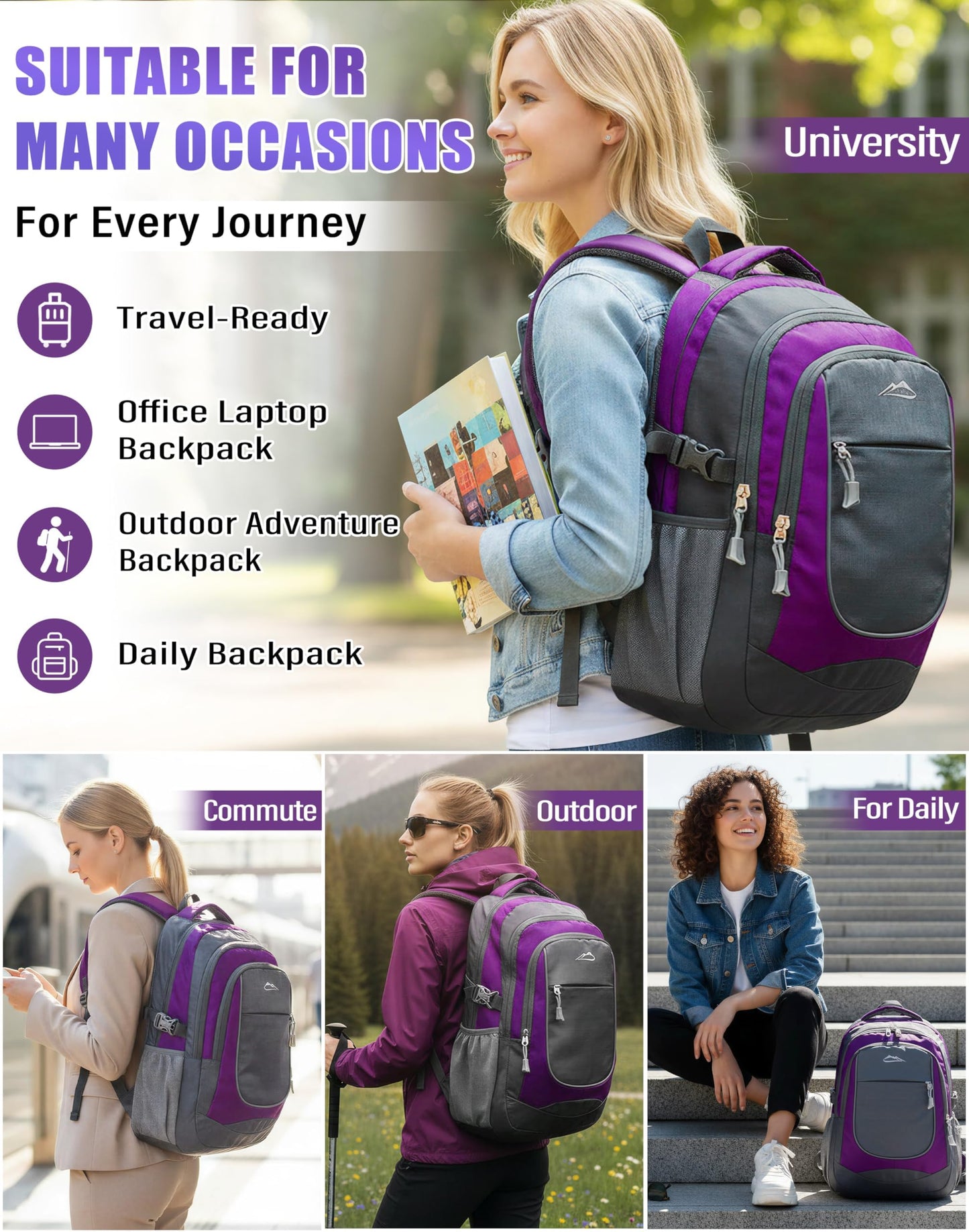 ProEtrade Extra Large Backpack Bookbag for College Travel Laptop Business Hiking Backpack Fit Laptop Up to 17 Inch Sturdy Multi Compartment Gifts for Men Women Night Light Reflective (Light Purple A)