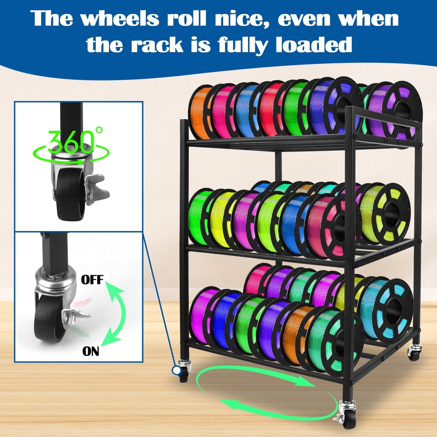 3D Printer Filament Storage Rack, 360 Rolling Spool Holders with Wheels, Heavy Duty Metal Shelf for PLA/ABS/TPU Filaments