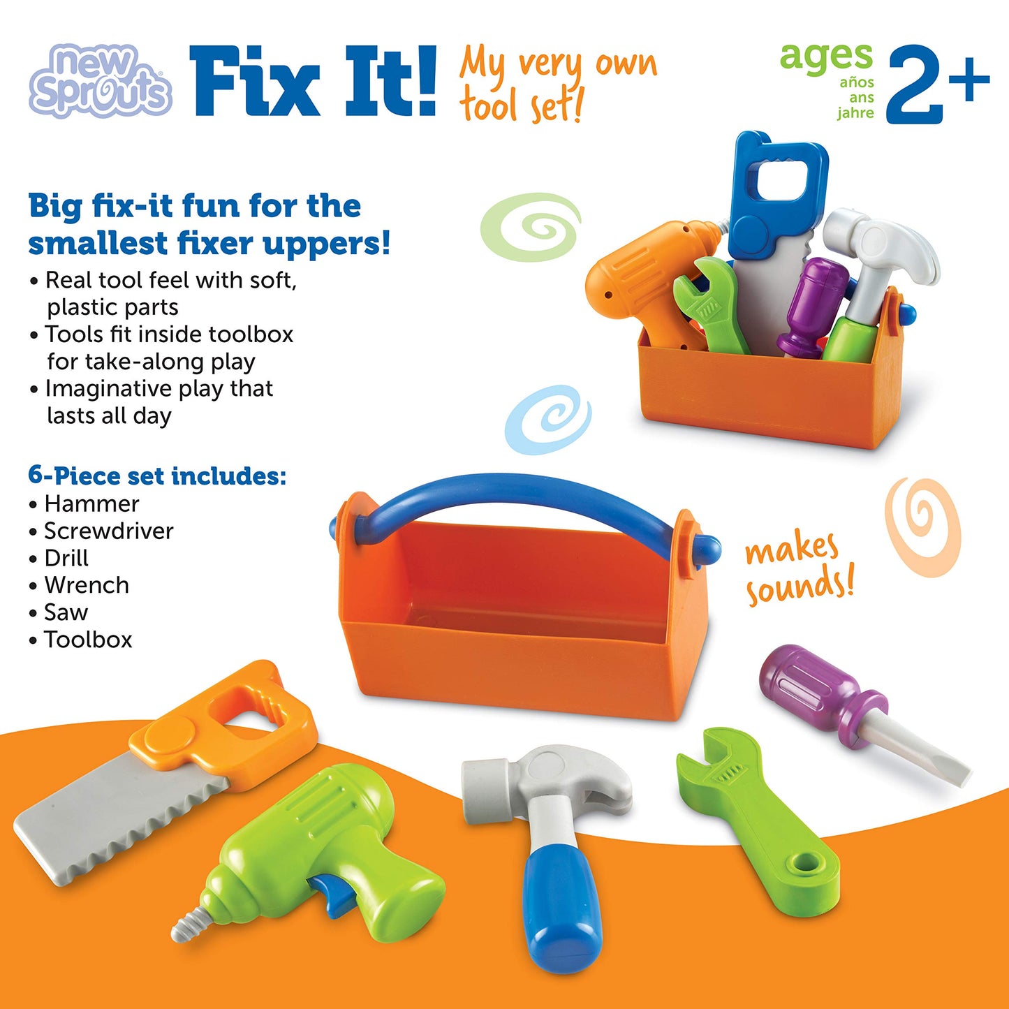Learning Resources New Sprouts Fix It! My Very Own Tool Set - 6 Pieces, Ages 2+ Develops Fine Motor Skills, Toddler Tool Set, First Tool Box, Kids Tool Set