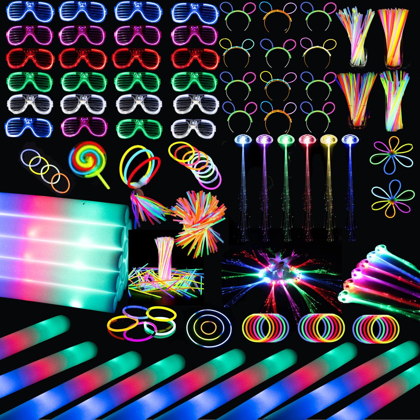 272 PCs Glow Party Supplies, 24 Foam Glow Sticks, 24 LED Glasses and 200 Glow Sticks & Bracelets, 12 Glow sticks headband 12 Fiber Optic Hair Light,Glow Neon Party Favors for Wedding, Concert, Raves