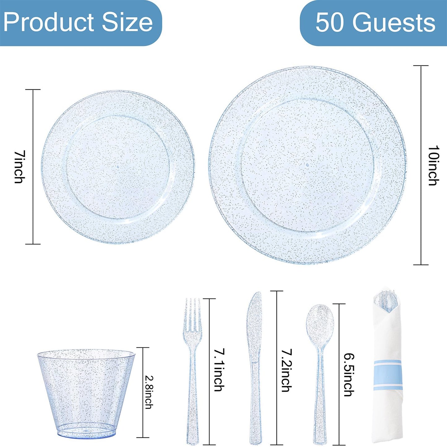 DaYammi 350 Pieces Blue Glitter Dinnerware Set 50 Guest for Party- 50 Dinner Plates, 50 Dessert Plates -50 Per Rolled Napkins with Blue Cutlery - 50 Disposable Cups 9 OZ