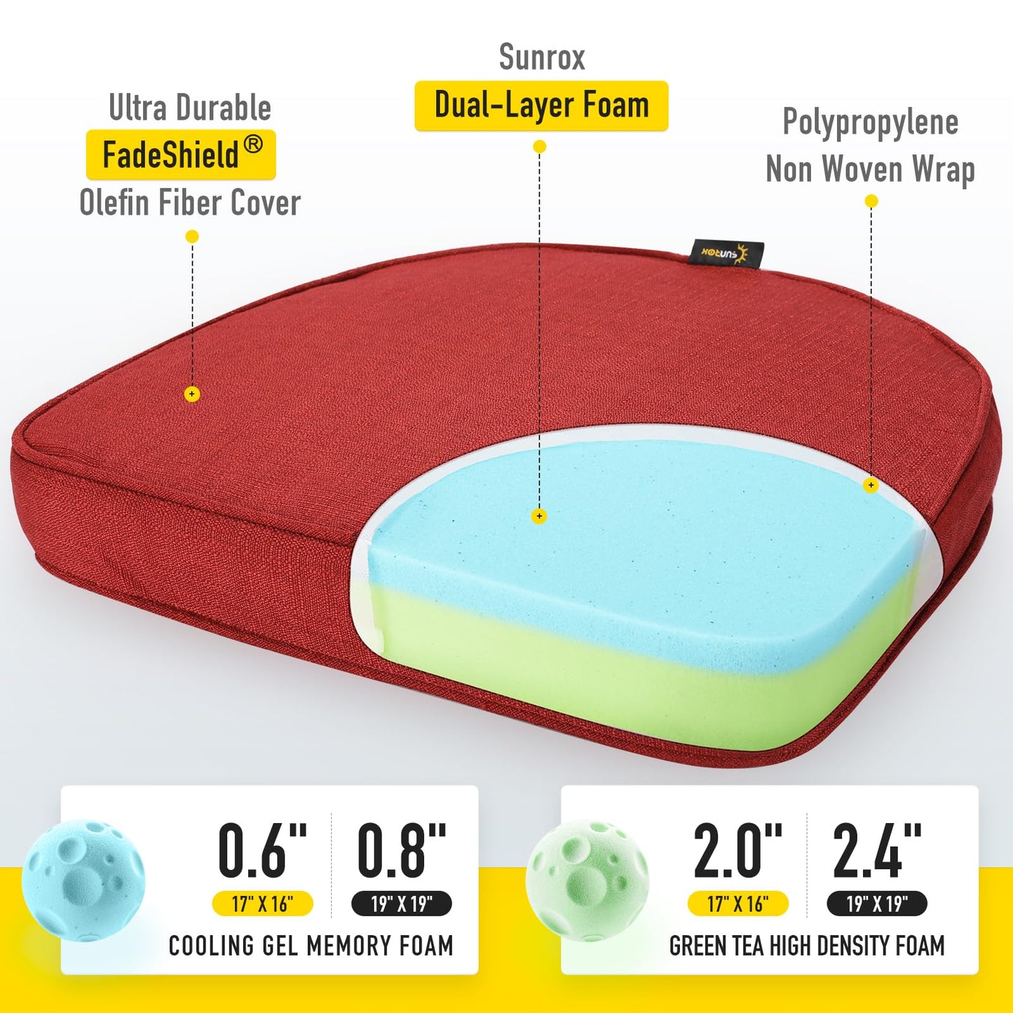 SUNROX Gel Memory Foam Chair Cushions, FadeShield Water-, Stain-Resistant Durable Reversible Seat Cushion Pads with Ties for Indoor/Outdoor Kitchen Dining Office, 19"x19", Set of 4, Burgundy