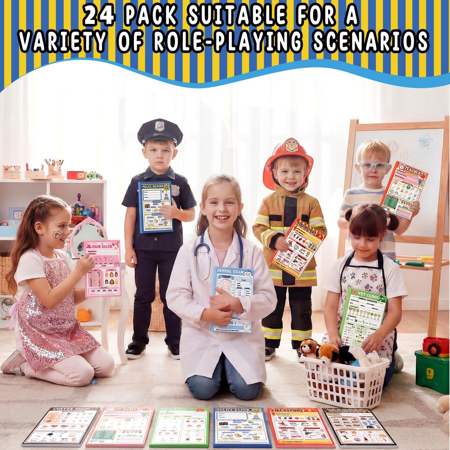 Eaasty Kids Pretend Play Notepads 4 x 6 Inch Pads for Kids 40 Pages Pretend Notebooks Imaginative Role for Toddlers(24 Pack,Mixed)