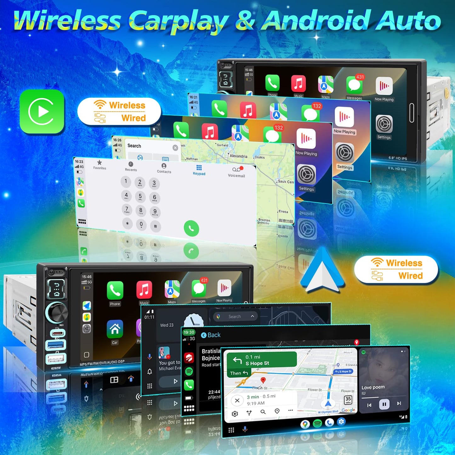 Single Din Car Stereo with Wireless Apple Carplay & Android Auto, 6.9" IPS Touchscreen Radio Bluetooth 5.2, Physical Knob Control, Waterproof Backup Camera, FM, MirrorLink, USB/Type-C, Navigation