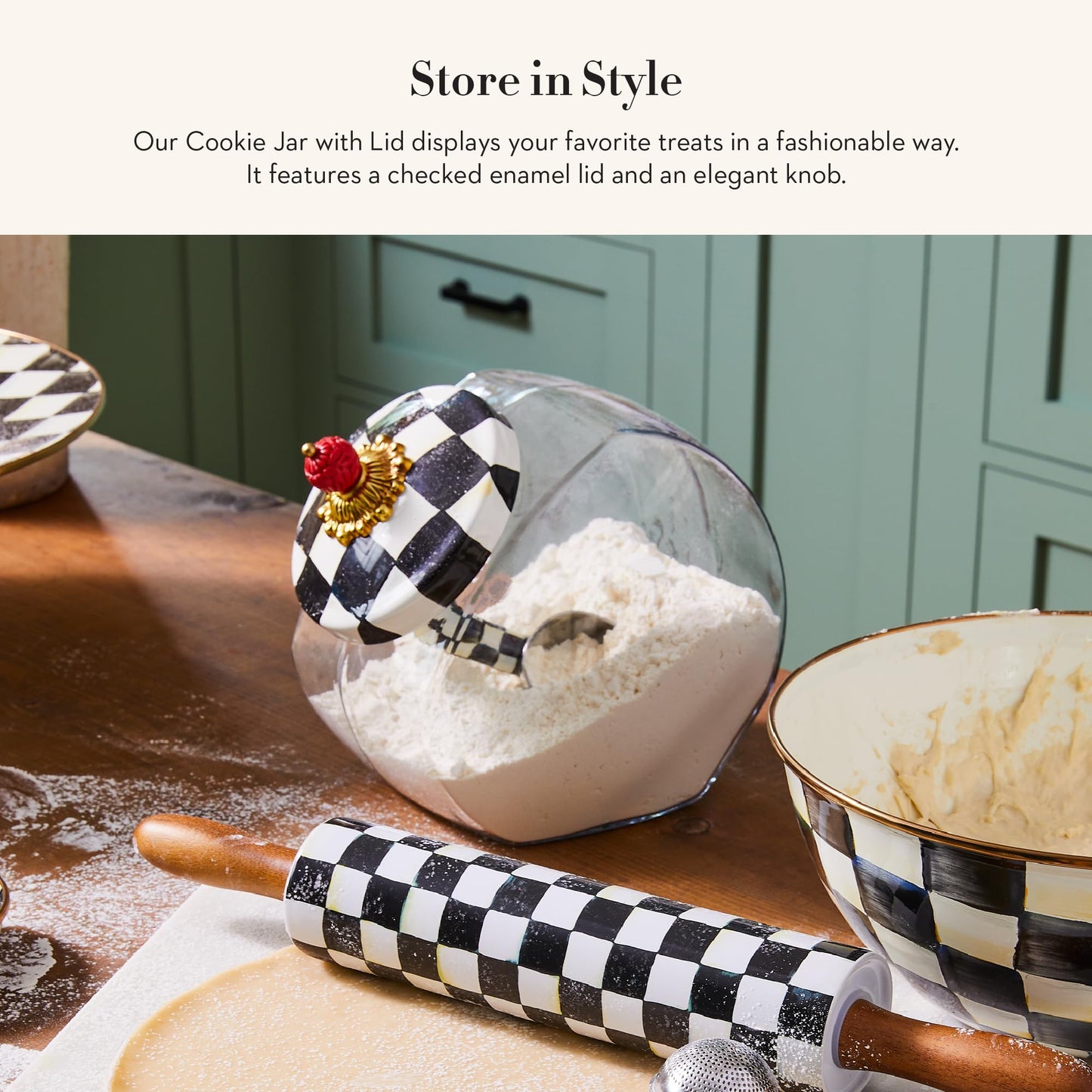 MACKENZIE-CHILDS Cookie Jar with Enamel Lid, Large Glass Treat Jar or Kitchen Jar, 1-Gallon Capacity, Black-and-White Courtly Check