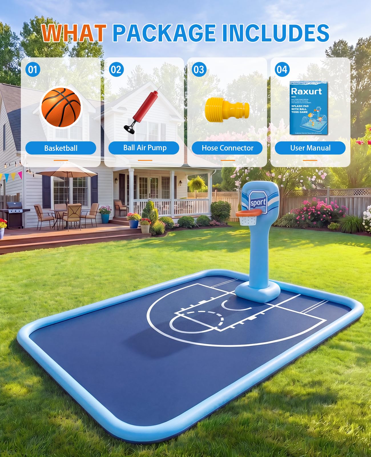Splash Pad for Kids, 118"x138" Extra Large Sprinkler Splash Pad with Basketball Hoop & Ball, Non-Slip Outdoor Water Toys for Backyard Summer Fun