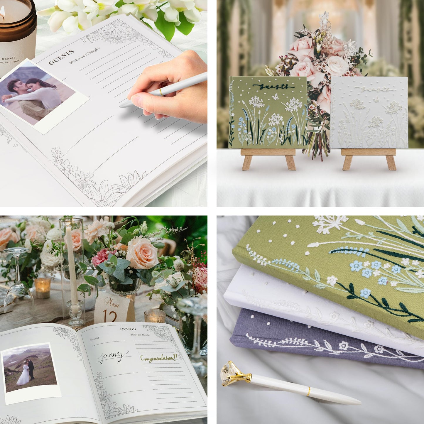 Gatyko Embroidered Wedding Guest Book—The Perfect Polaroid Guest Book for Wedding Receptions, Birthdays, Baby Showers, and Special Events with 3 Photo Corner Stickers+ 3 DIY pens+1 Diamond Pen(Cream)