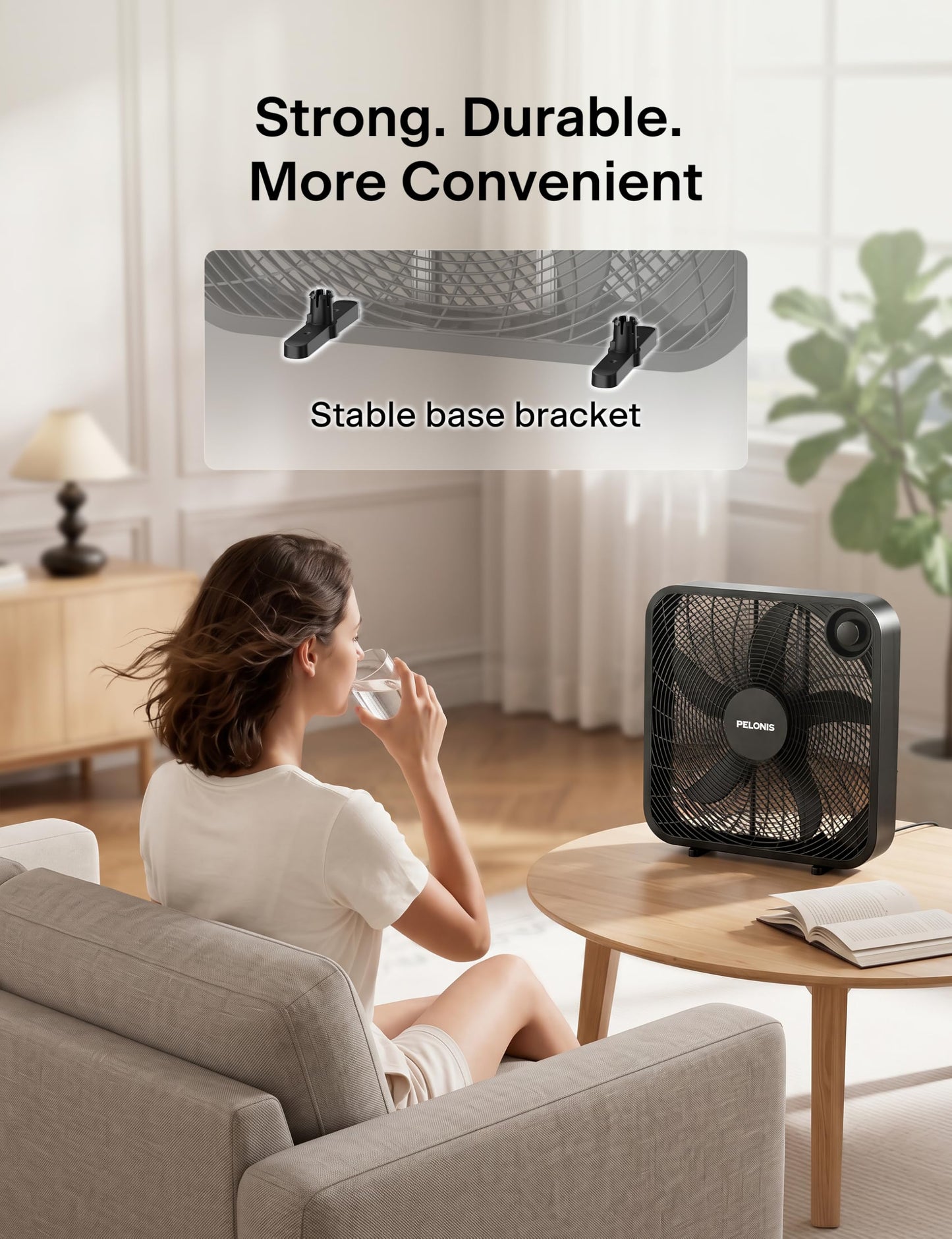 PELONIS 20 Inch Box Fan β 3 Speeds, Window Fans, Floor or Tabletop, 25ft/s, Superior Air Throw (2295 CFM), Lightweight, 5 Blades, Fans for Bedroom, Office, Living Room, Garage