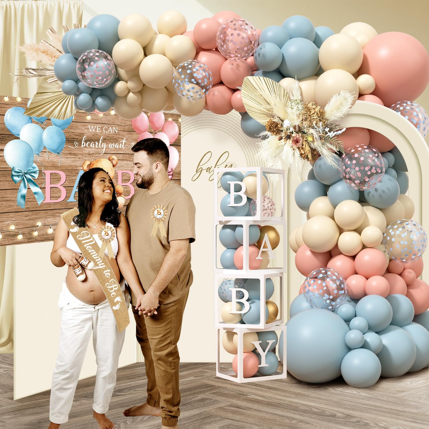 Bear Gender Reveal Decorations, He or She Gender Reveal Party Decoration, Boy or Girl Bear Theme Party Supplies with Backdrop BABY-Box Tablecloth Mom to Be Sash Dad to Be Pin Balloon Arch