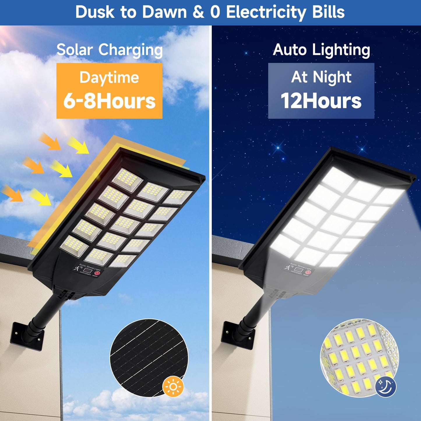 Aqraou Solar Lights Outdoor Waterproof, 6500K Dusk to Dawn Solar Street Light Motion Sensor with Remote Control, LED Security Light for Outside Garden Yard Parking Lot, Oudoor Flood Lights, 2PACK