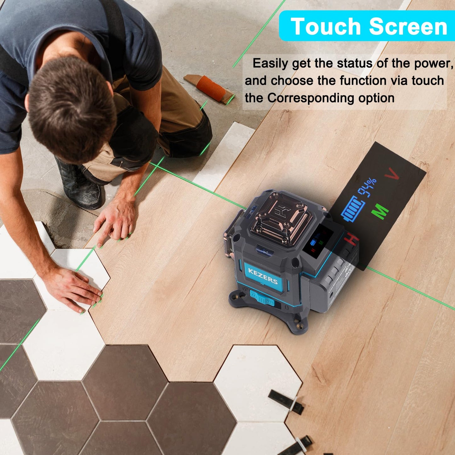 KEZERS Laser Level 360 Self Leveling,4 x 360 Laser Level with Screen Green Laser Level Line tool Leveling and Alignment Laser Tool with Pulse Mode for Construction and Picture Hanging,Remote Control