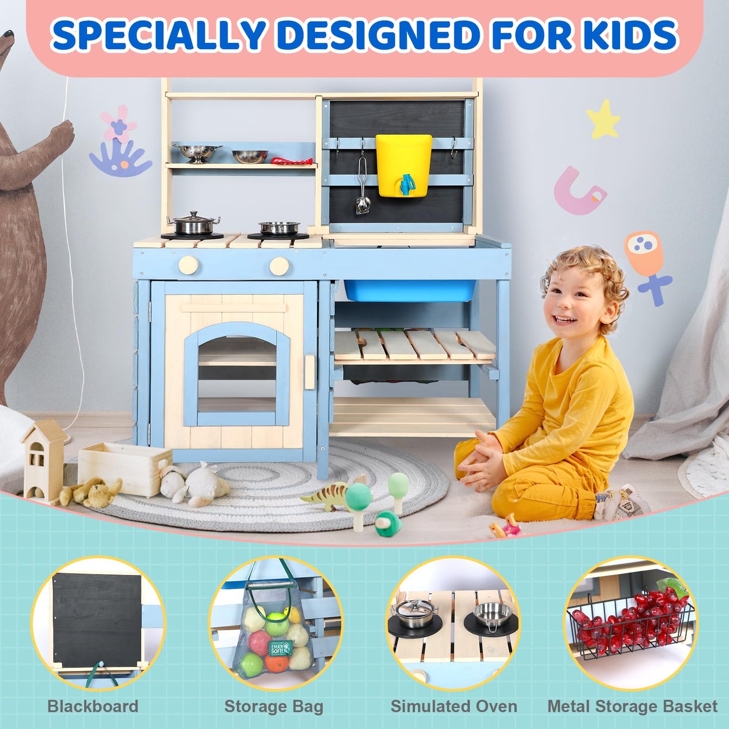 2 in 1 Wooden Mud Kitchen, Outdoor Play Kitchen with Removable Sink,Water Box & Faucet,Stove Top, Storage Bags& Metal Basket,Kitchen & Grocery Store Backyard Outdoor Pretend Kitchen for Kids