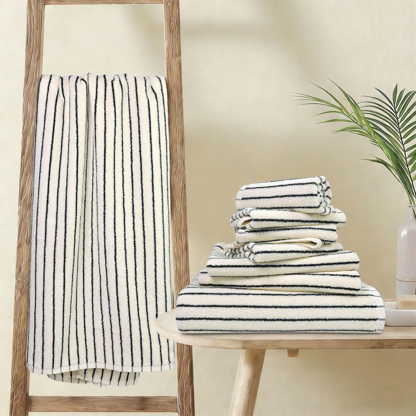 Jacquotha 8 Piece Black and White Towel Set, Super Soft & Absorbent Cotton Striped Towels for Bathroom Decor, 2 Bath, 2 Hand, 4 Washcloths