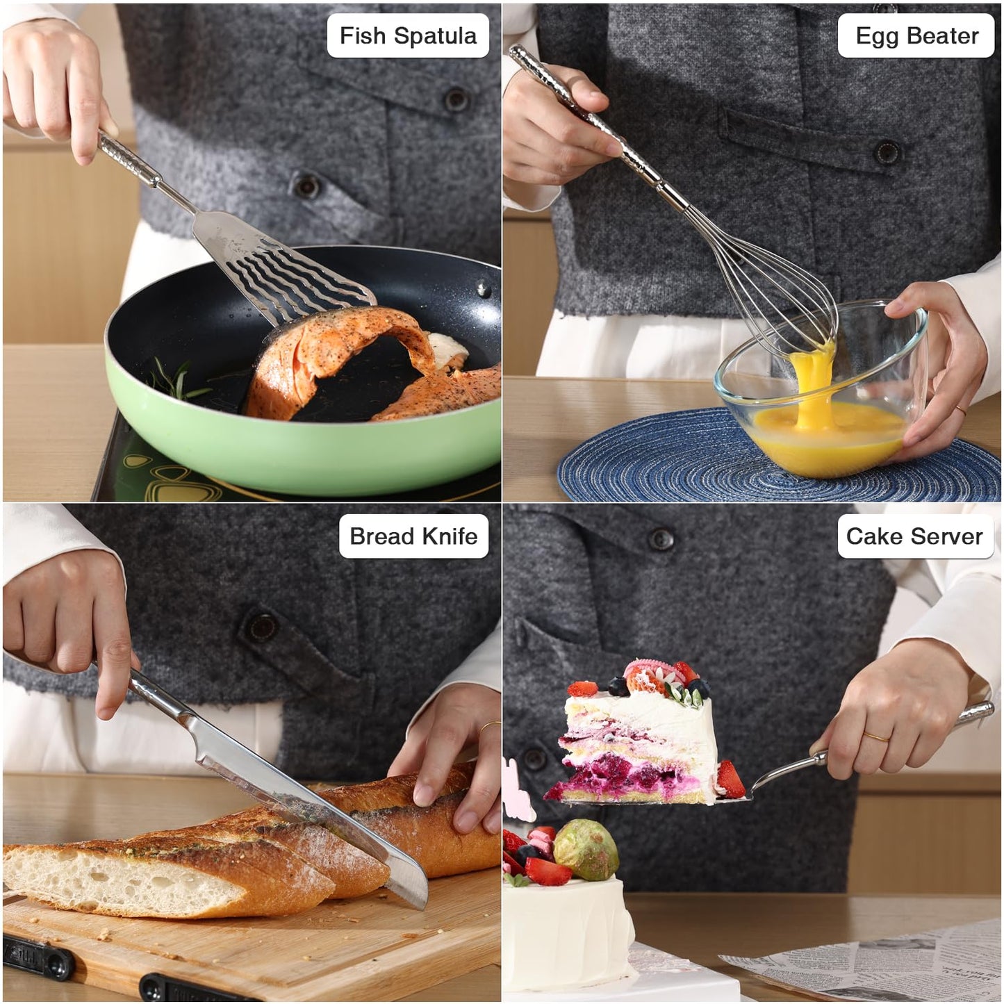 304 Stainless Steel Cooking Utensils Set, HIFIND 8PCS Kitchen Utensils Set, Luxury Kitchen Utensils, Deep Ladle, Skimmer, Slotted Spatula, Fish Spatula, Serving Spoon, Whisk, Bread Knife, Cake Server