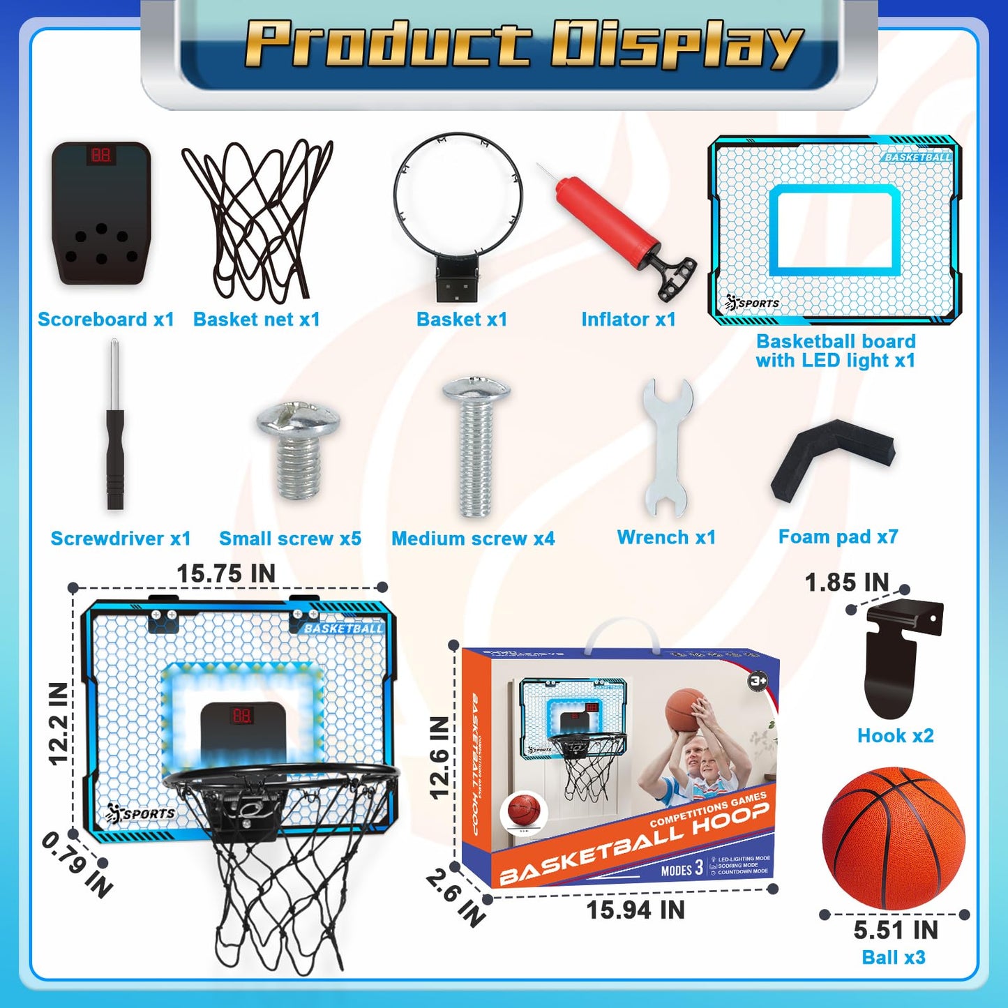 Toys for Boys, Indoor Basketball Hoop for Kids Age 5-10, with Electronic Scoreboard & 3 Balls - Over The Door Mini Hoop for Boys' Birthday