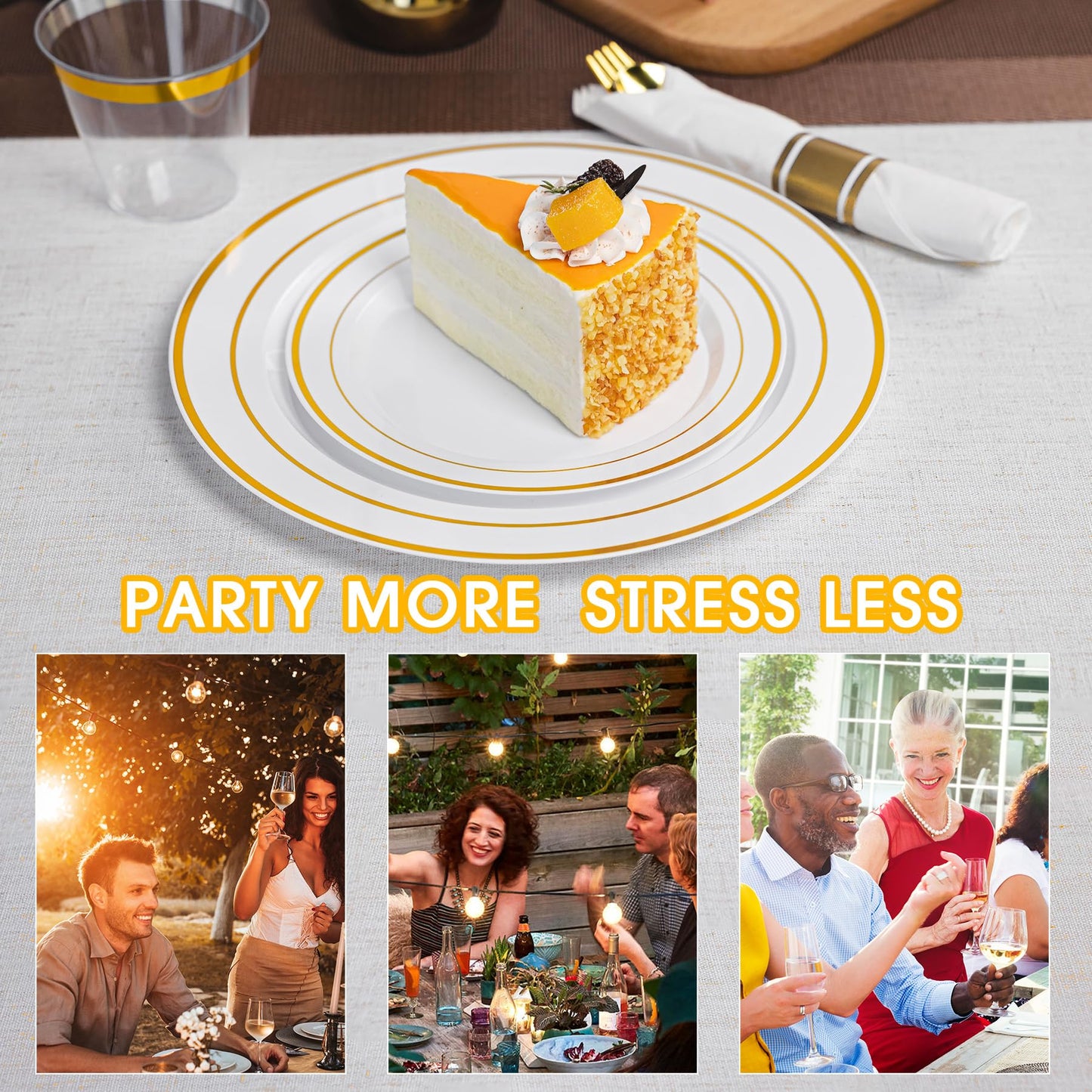 Ciselure 350PCS Gold Plastic Plates Dinnerware Set, Thanksgiving Disposable Plates, 50 Dinner and 50 Dessert Plates, 50 Pre Rolled Napkins with Silverware and 50 Cups for Party and Wedding