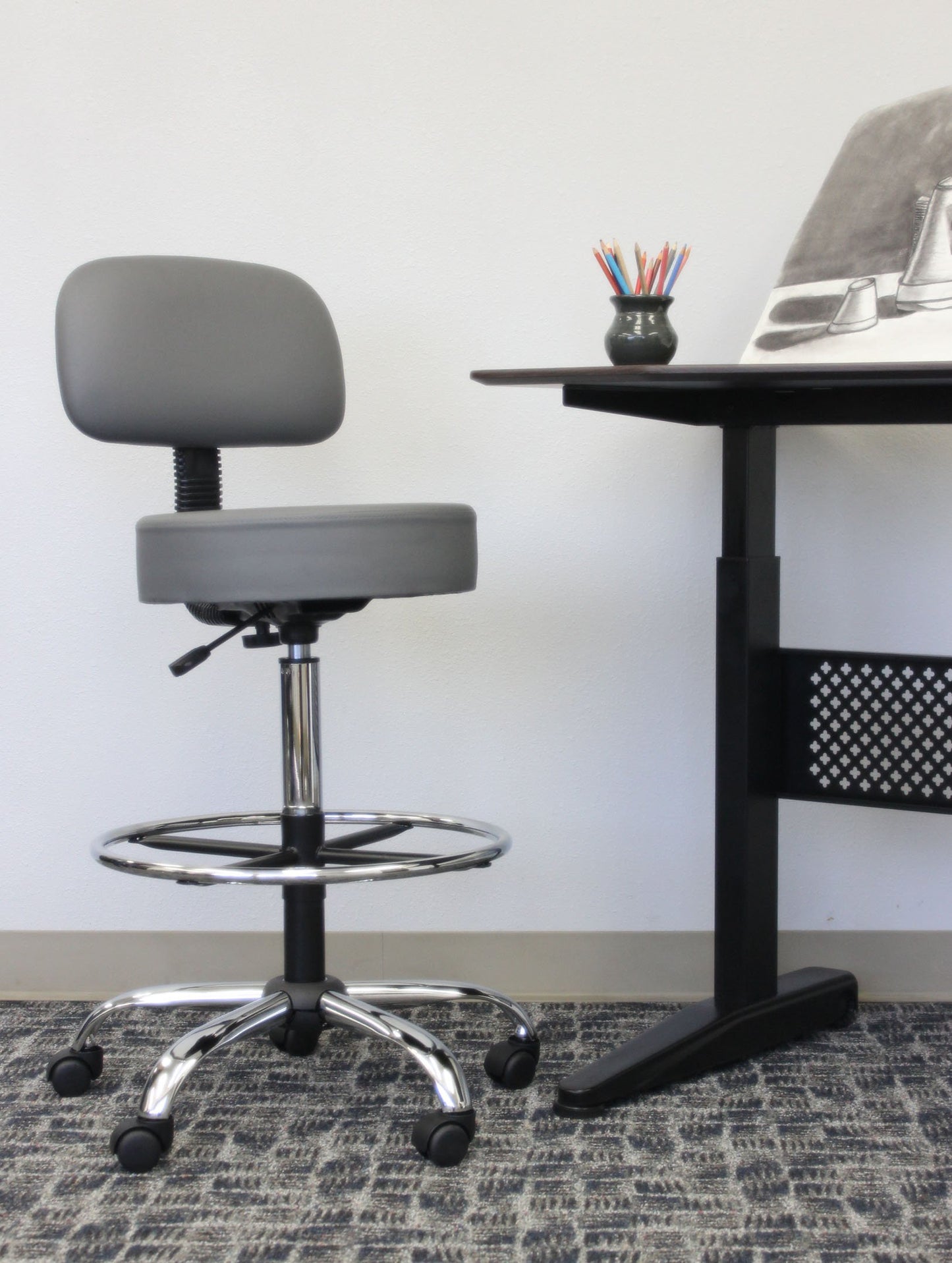 Boss Office Products Drafting Stool with Back Cushion, Grey (B16245-GY)