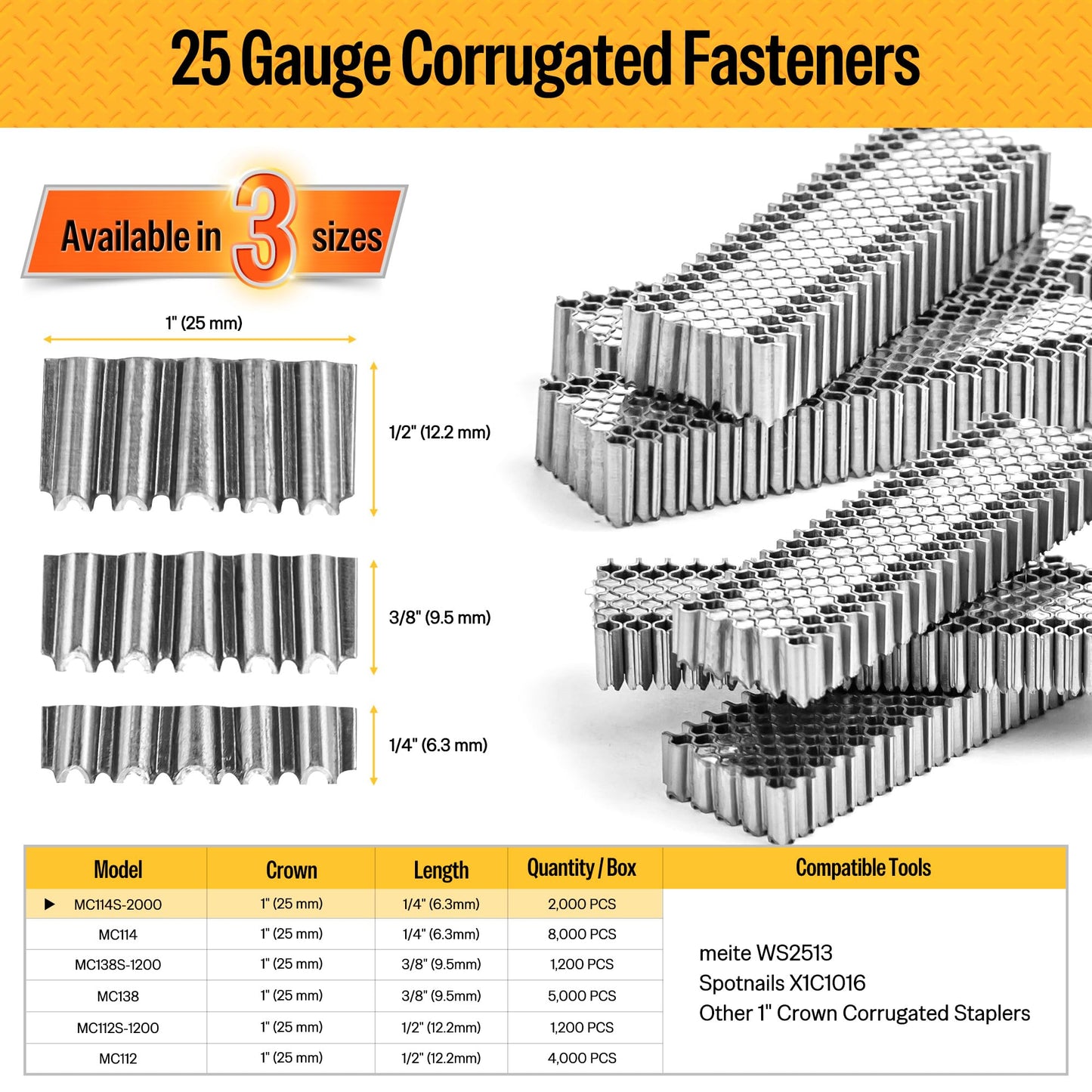 meite Corrugated Fasteners MC114 25 Gauge 1-Inch Crown 1/4-Inch Length Staples Corrugated W Fasteners for Pneumatic Corrugated Tools, for Woodworking Projects (2,000 Counts/Box)