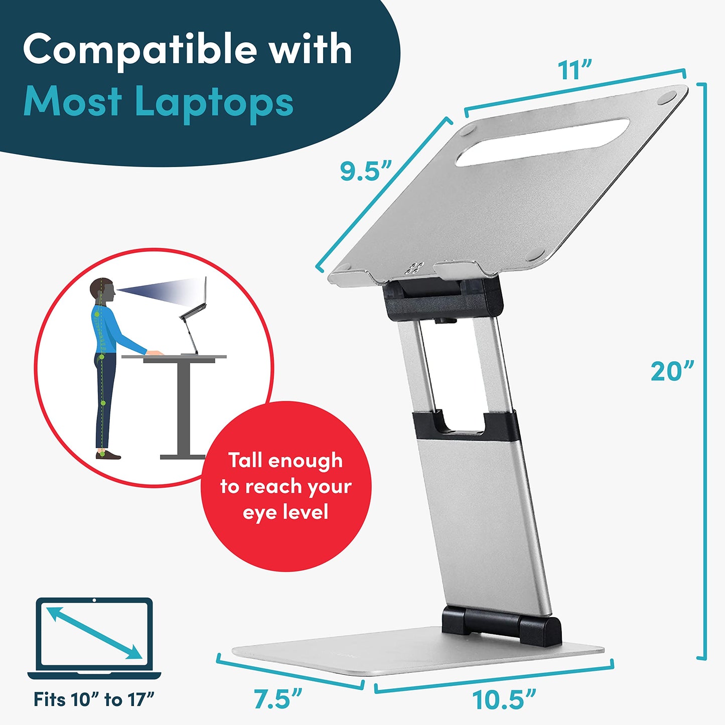 Lifelong Laptop Stand for Desk, Ergonomic Sit to Stand Premium Aluminum Laptop Holder, Adjustable Height from 2.1" to 20", Compatible with MacBook, All Laptops Tablets 11-17" - Silver