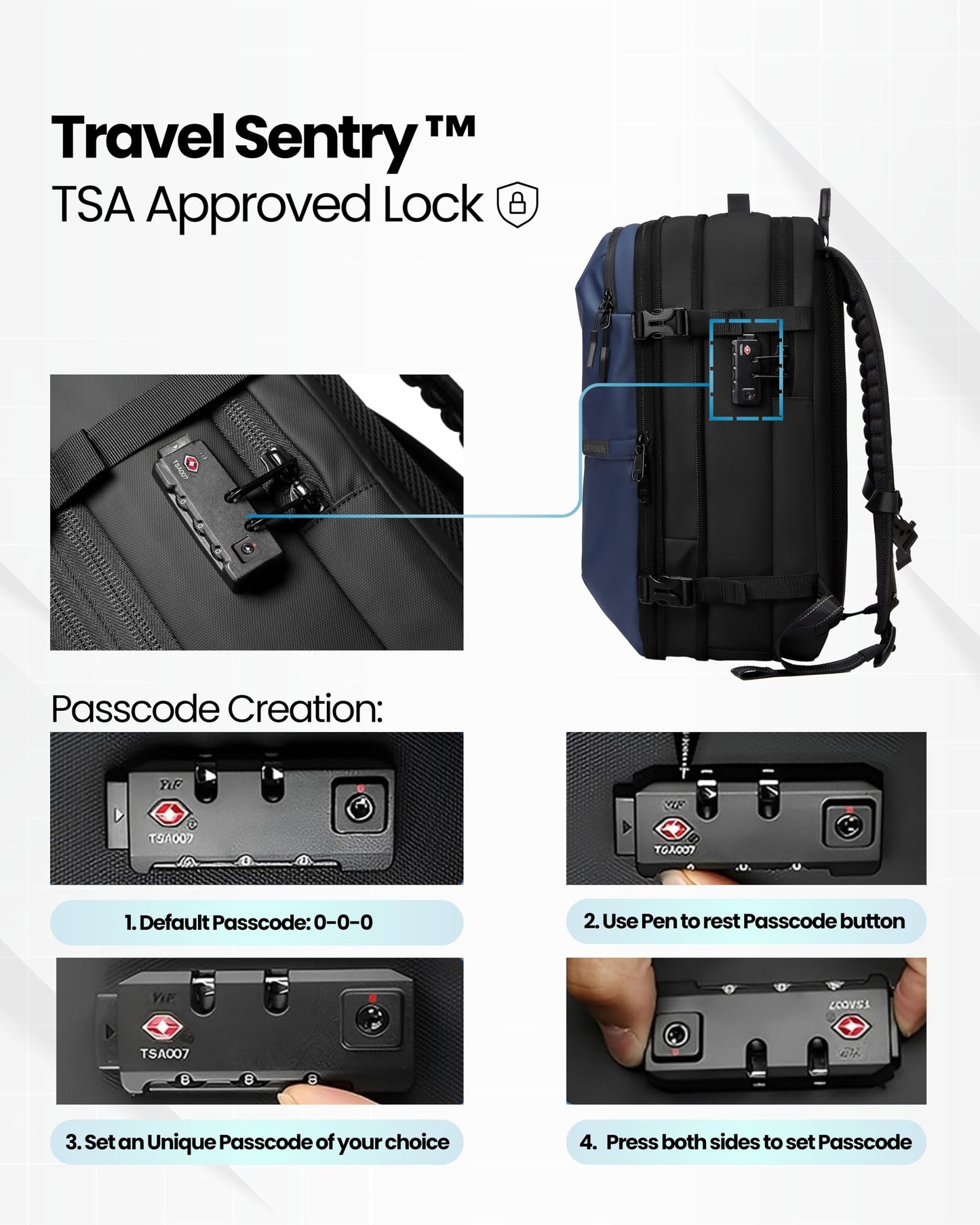 AirVault Voyage Vacuum Seal Travel Backpack 60L with Exapandable Vortex Air Compression Vacuum System Airback SpaceVacPro VacPack Water Resistant TSA Lock with Air Pump Blue