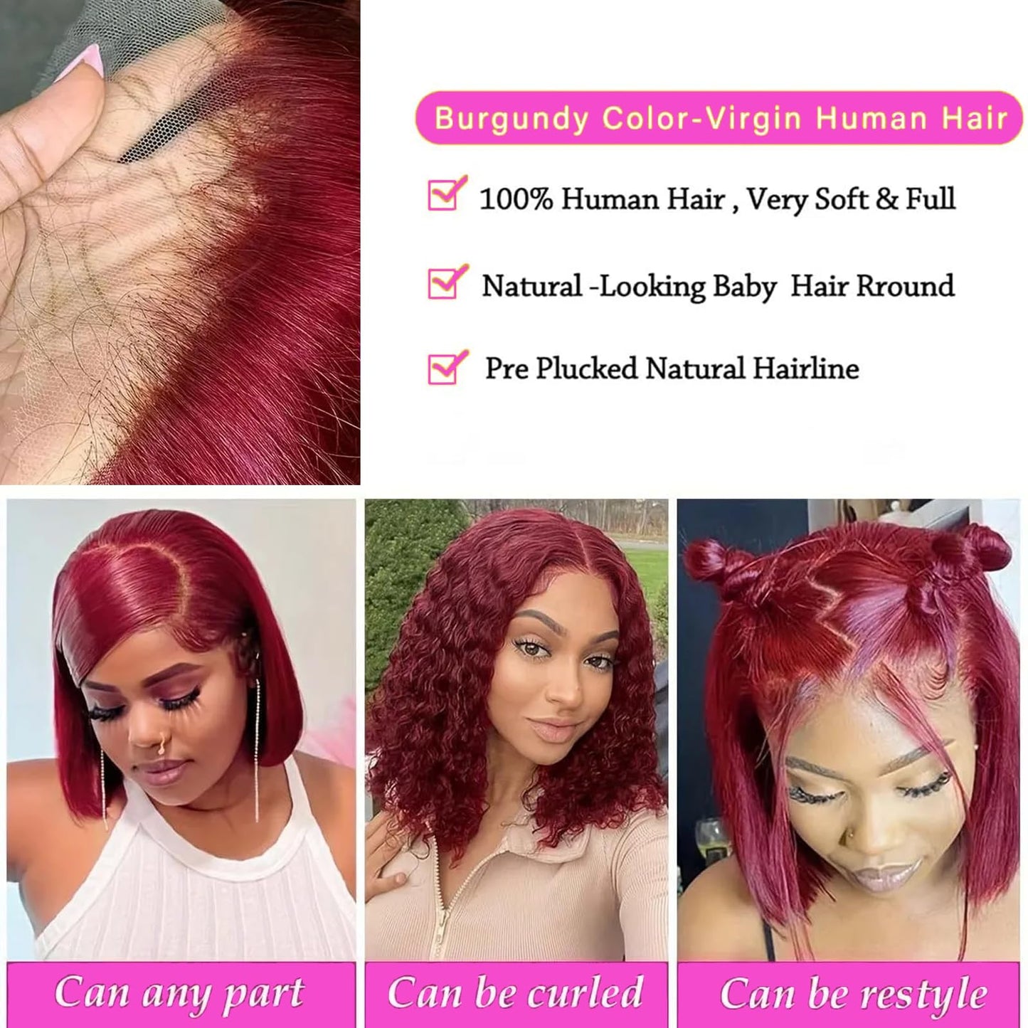 99j Burgundy Lace Front Wigs Human Hair 10 Inch Bob Wig Human Hair 13x4 Lace Front Wigs Human Hair Pre Plucked 180% Density Short Straight Bob Wig Natural Hairline Wine Red Wigs for Black Women