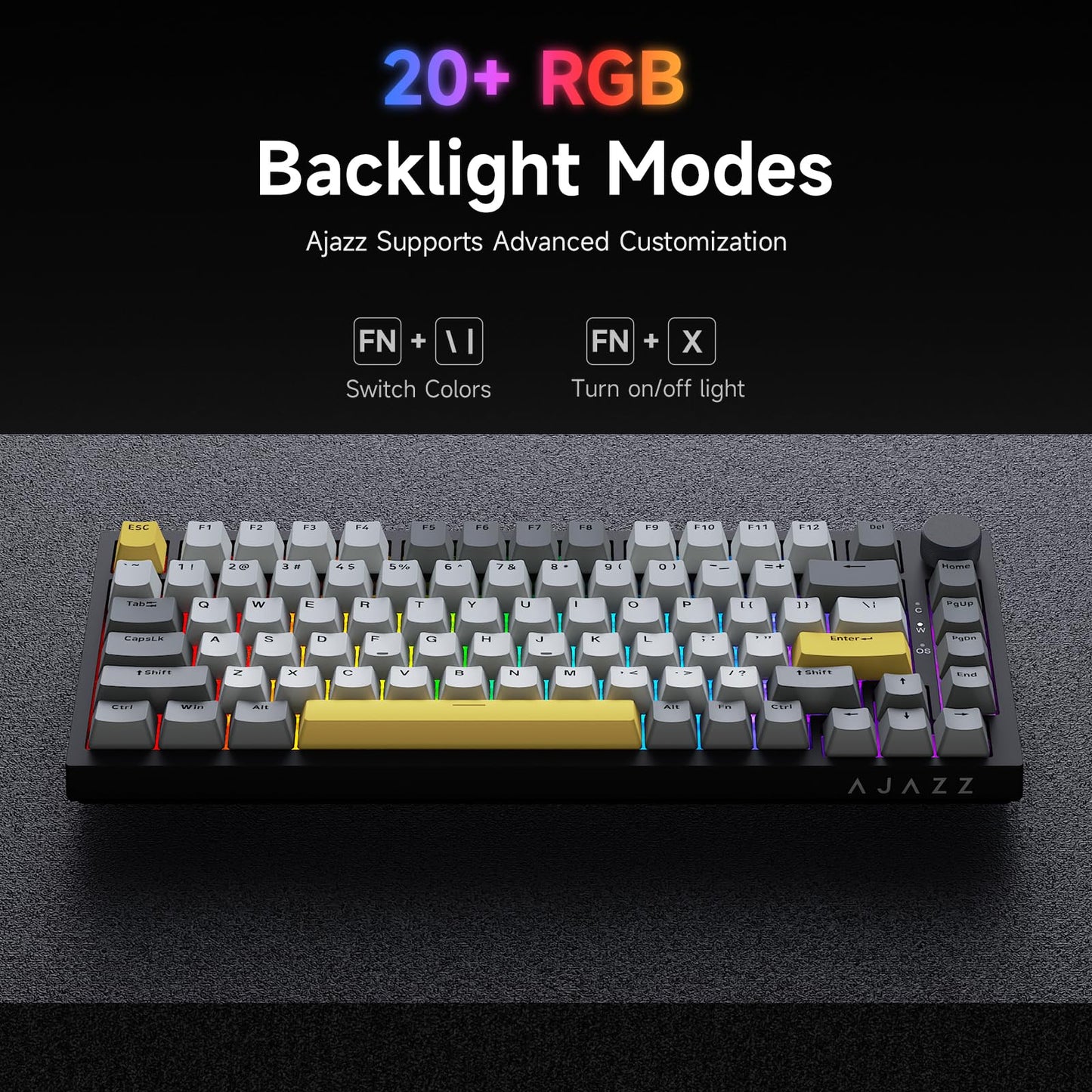 Ajazz AK820 75% Wired Gasket Mechanical Gaming Keyboard with Volume Knob - South Facing LED - PBT Keycaps - Programmable RGB Hot Swap Keyboard