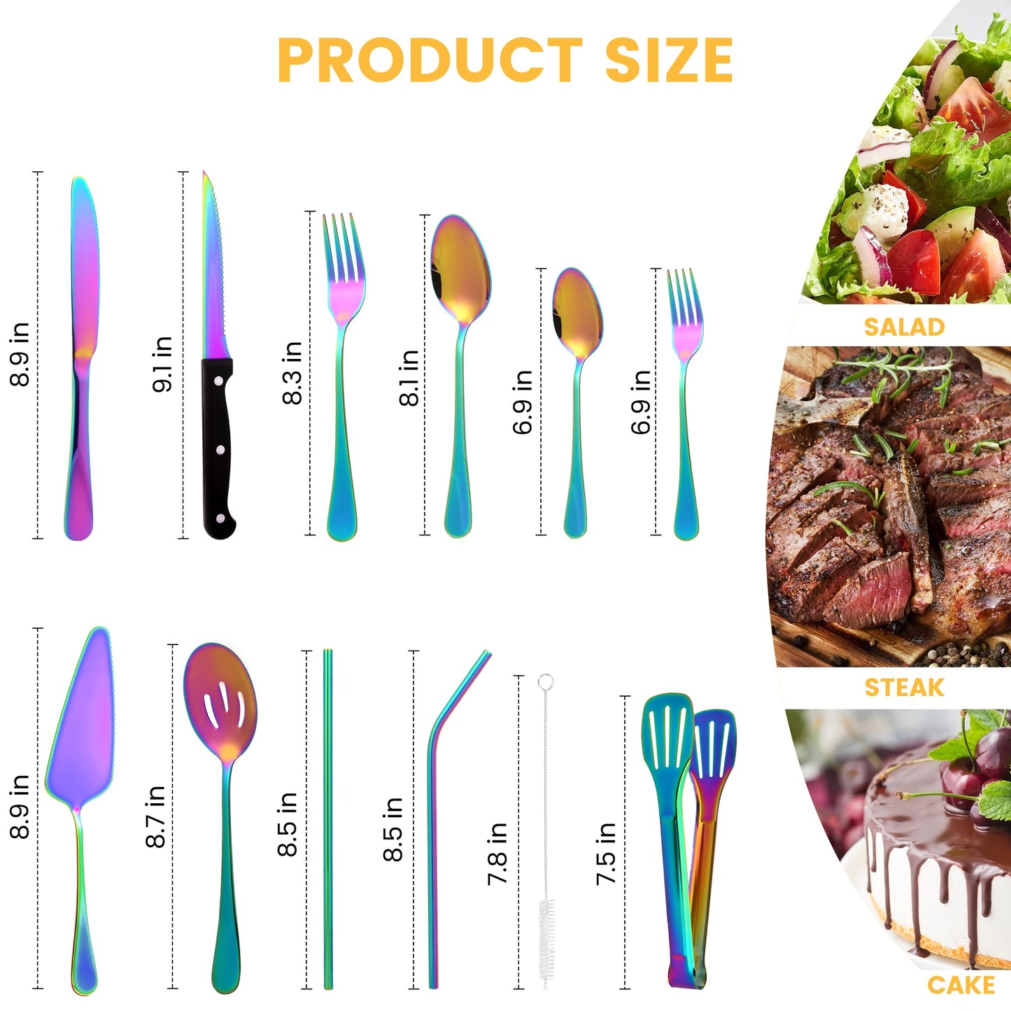 69 Piece Rainbow Silverware Set with Steak Knife Service For 8, Colorful Flatware Cutlery Set Stainless Steel Utensils Mirror Polishe Spoons and Forks with Metal Straw, Slotted Spoon, Tongs, Tableware