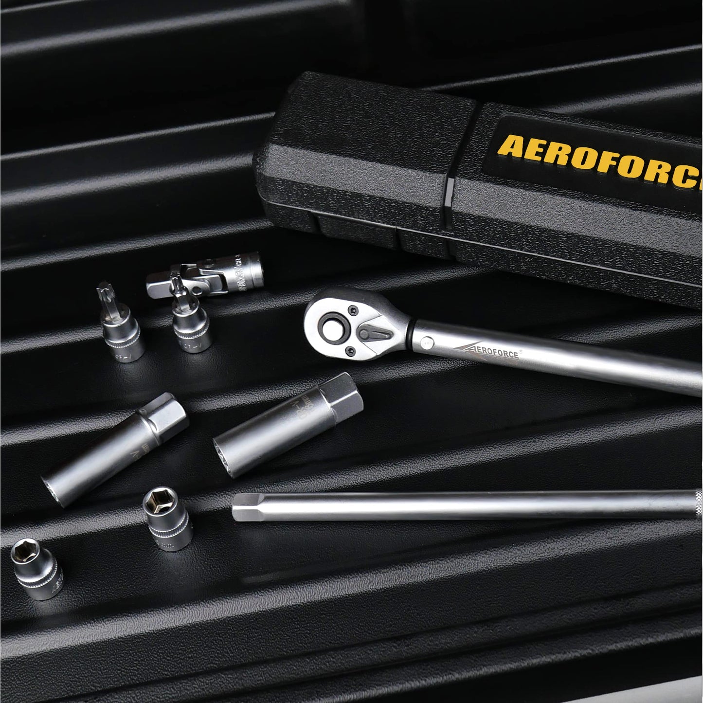 AEROFORCE 9Pcs Magnetic Spark Plug Socket set with 3/8-inch Drive Torque Wrench Set(5-45 Lb.ft/6.8-61.2 Nm),12-Point Sockets 14mm & 16mm, a 10 Inch Extension bar and a Universal Joint