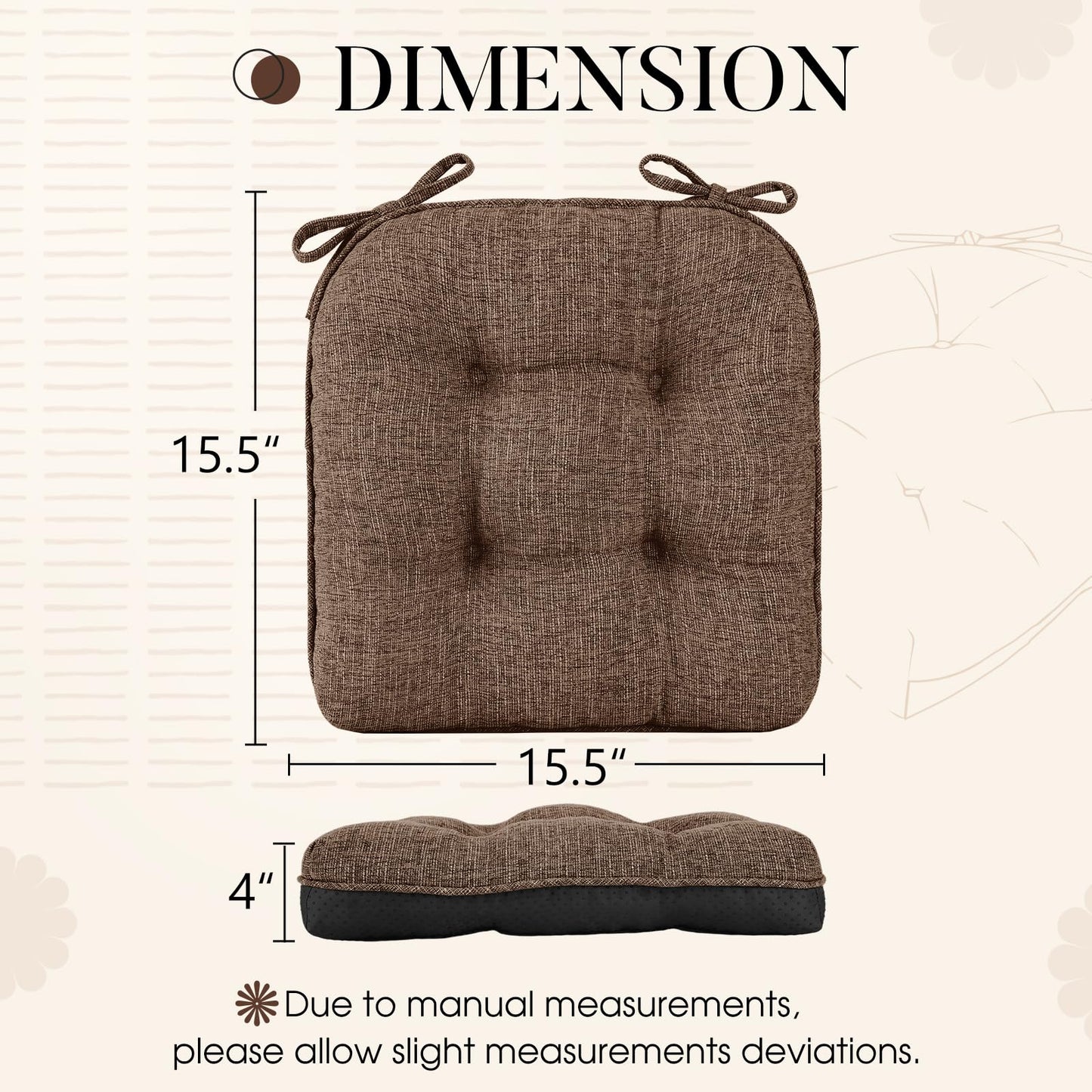 Basic Beyond Chair Cushions for Dining Chairs 4 Pack, Chair Cushion with Ties and Non Slip Backing, 15.5 x 15.5 inches Tufted Chair Pads for Dining Chairs(Brown)