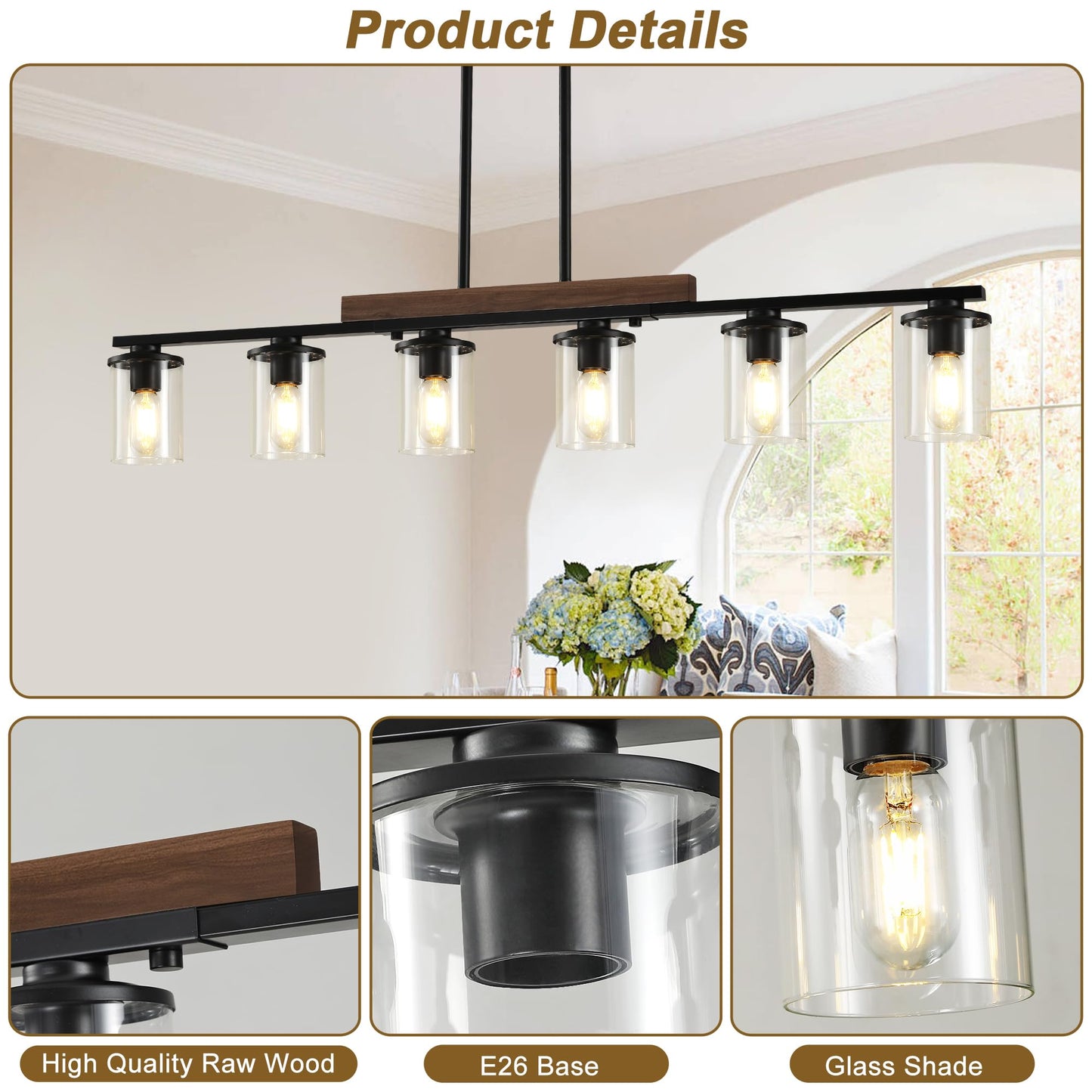 47.2'' Kitchen Island Light Fixtures, 6-Light Dining Room Light Fixture Chandelier Over Table, Black Modern Rustic Wood Ceiling Pendant Light Fixtures, with Clear Glass Shade, Farmhouse Chandelier
