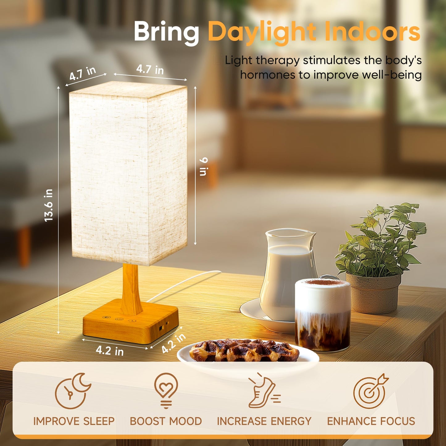 Light Therapy Lamp 10000 Lux Therapy Light with Remote, Upgrade Size, 3 Color Temperatures, 5 Brightness Level Full Spectrum Sunlight Lamp with USB C & A Ports Home/Office Use As Lift Mood, Grain, 24W