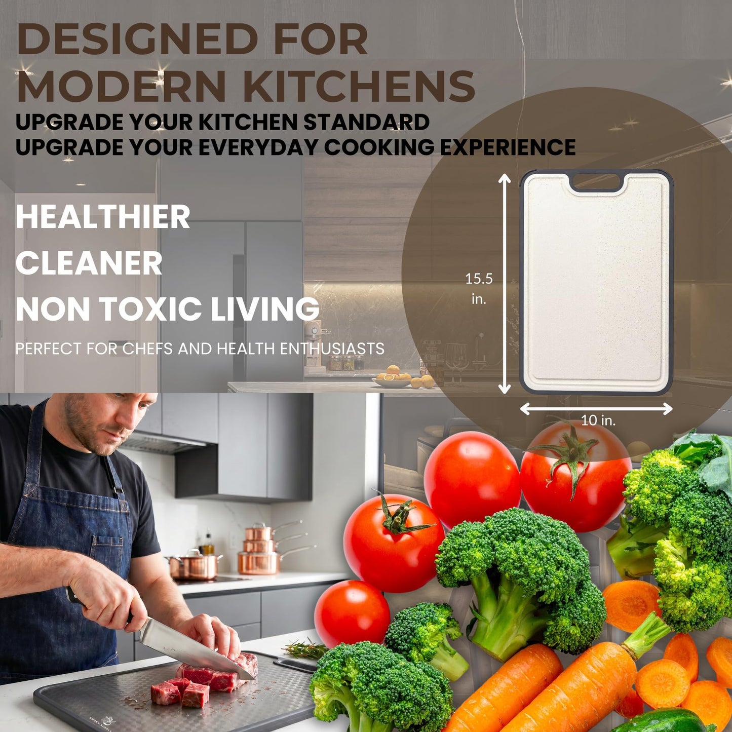 15.5 x 10 Inch Titanium Cutting Board for Kitchen, Double Sided Pure Titanium & Wheat Straw Chopping Board, Non Toxic Metal Cutting Board with Juice Groove, Non Slip Base, Scratch Reduction Mesh