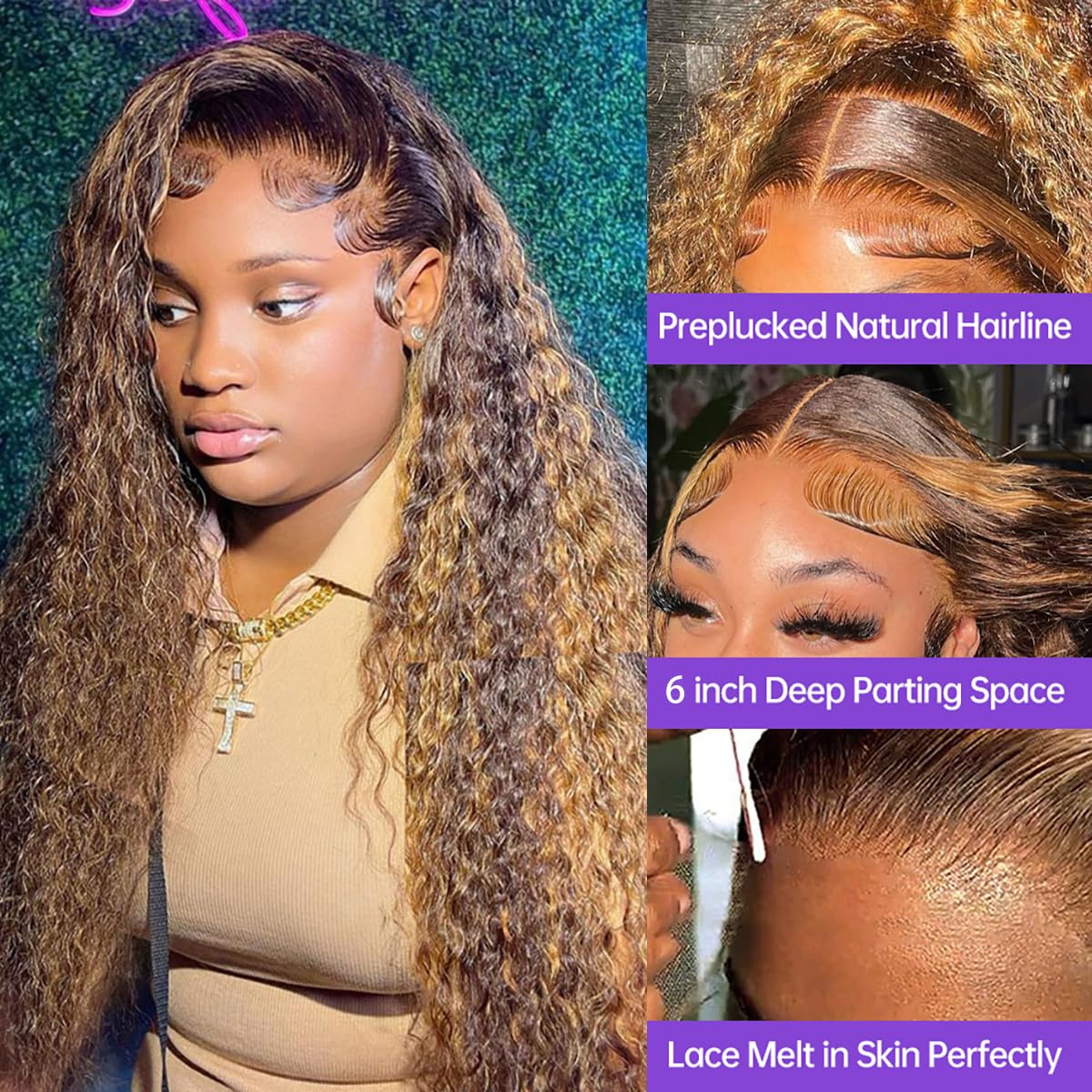 Tascal Highlight Ombre Transparent 13x6 Lace Front Wigs Human Hair Honey Blonde 4/27 Deep Wave Lace Front Wigs Human Hair for Black Women (26 Inch)
