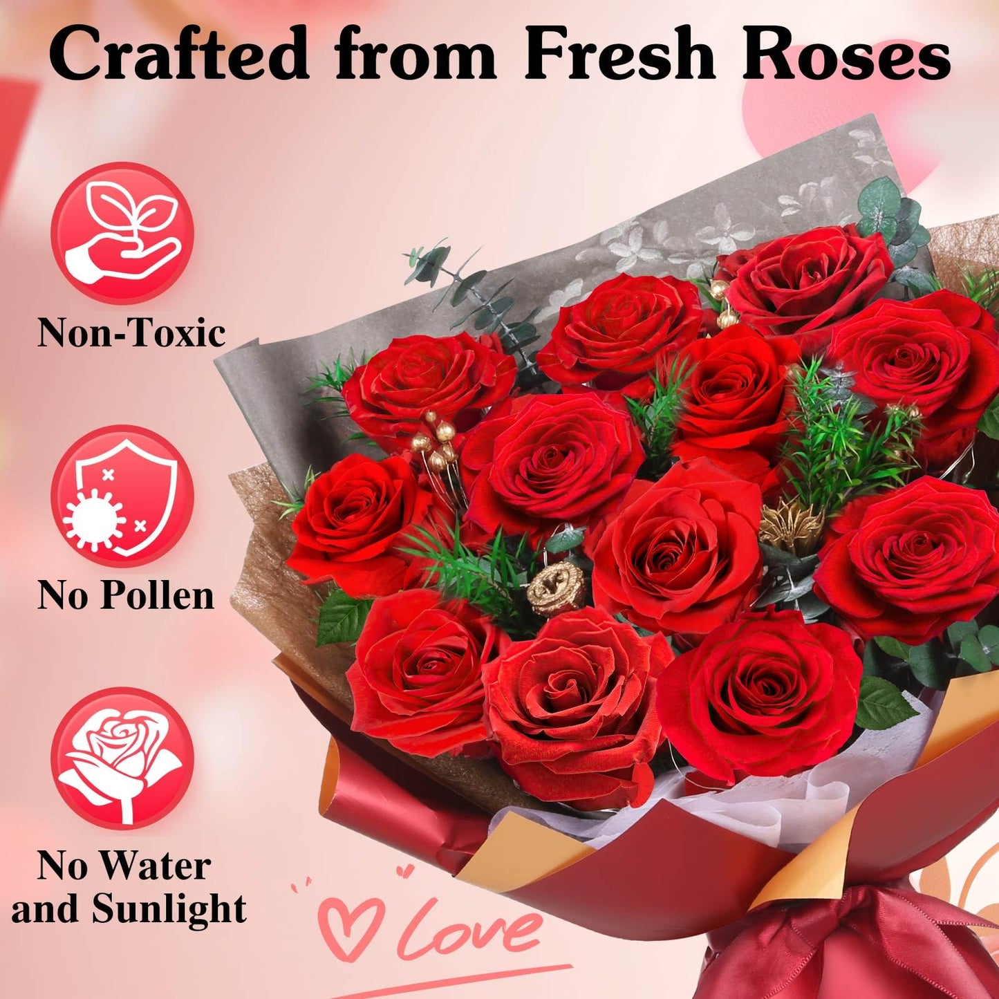 ADDWel Preserved Red Rose Bouquet – Real Long-Lasting Flowers Gift for Wife, Girlfriend, Mom – Romantic Anniversary, Birthday, Graduation Gifts for Her