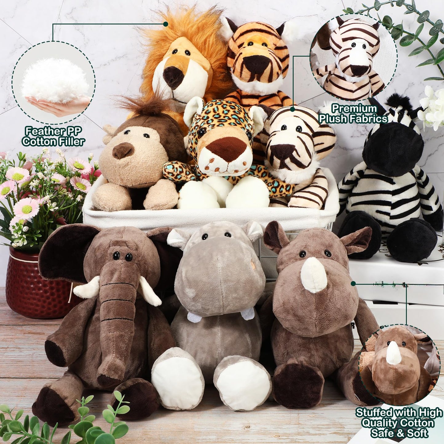 HyDren 20 Pcs Safari Stuffed Animals 11.8'' Plush Jungle Wild Animals Cute Elephant Giraffe Lion Tiger Monkey Stuff Animals Soft Plush Animals in Bulk Stuffed Animals Toy for Toddler Baby Jungle Party