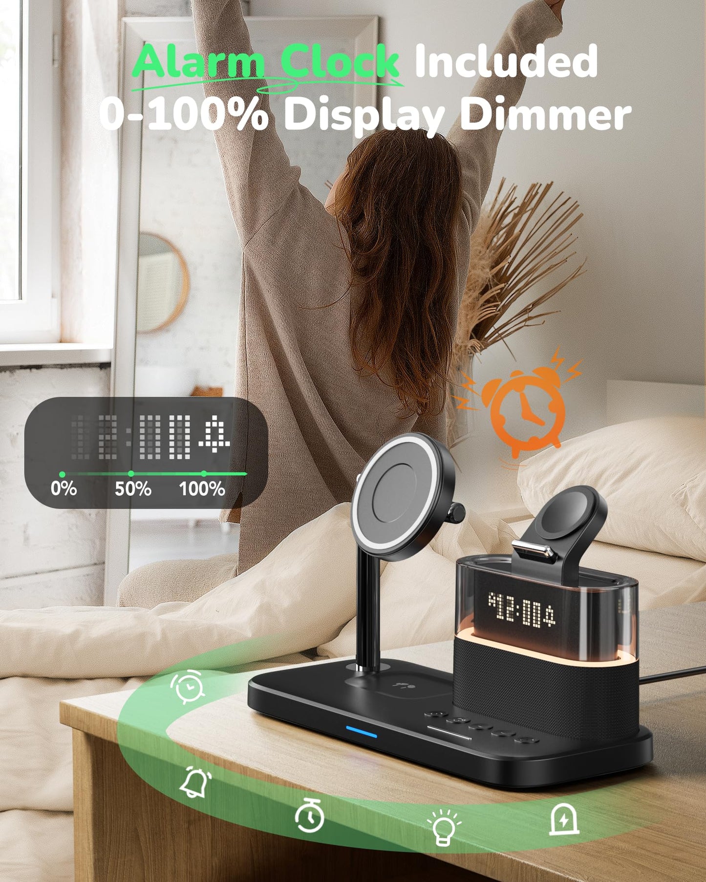 5 in 1 Wireless Charging Station for Apple,Mag-Safe Charger with Alarm Clock Night Light for Multiple Devices,Nightstand Charging Station for iPhone 17/16/15/14/13/12,Apple Watch Series,Air-Pods