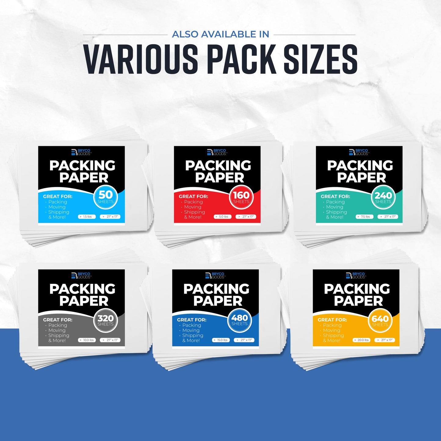 Bryco Goods Packing Paper Sheets for Moving | 640 Sheets | 27" x 17" | 20lb | Made in USA | Newsprint Paper | Must Have in Your Moving Supplies