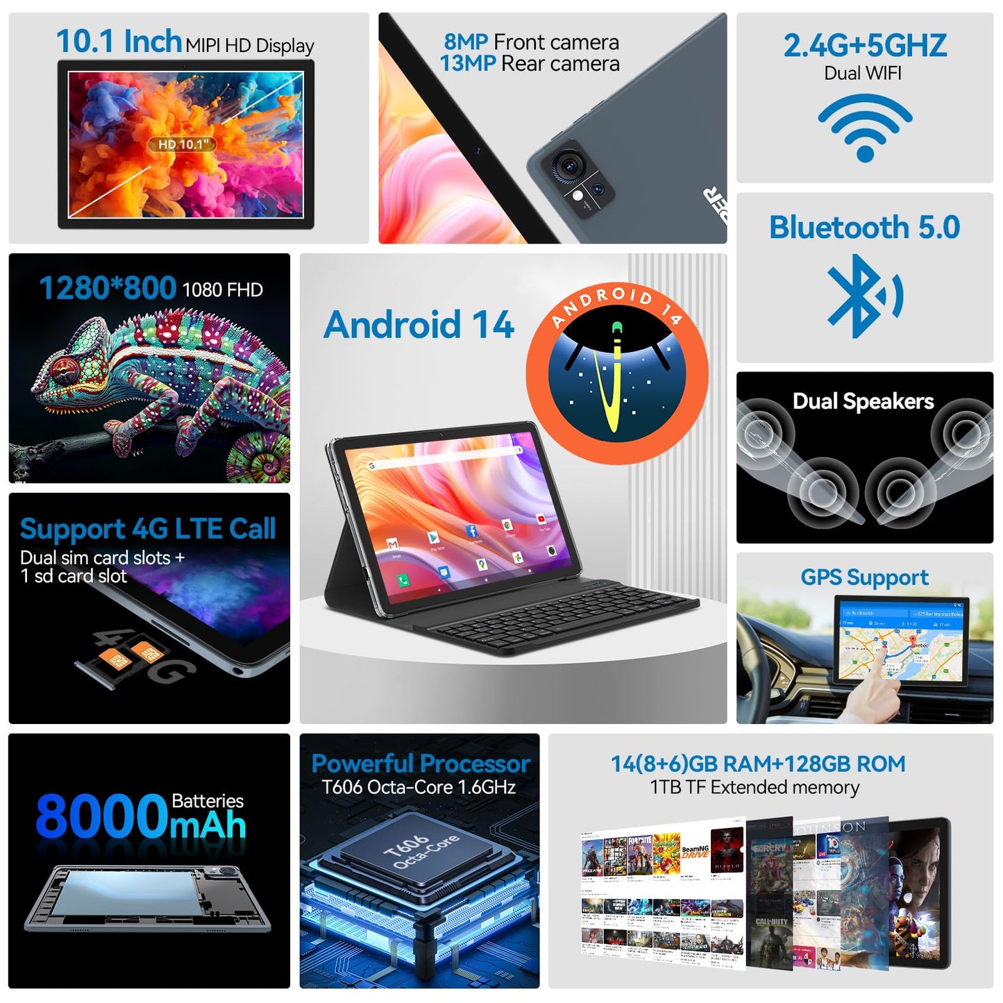 2025 Android 14 Tablet 10 inch,4G Cellular Tablets with 2 SIM 1 SD slot,5G Wifi Android Tablet 128GB ROM +14GB RAM(1TBTF),3-in-1 Tablet with Keyboard-8000mAh,Octa-core,1080FHD,13MP+8MP,GPS-Gray