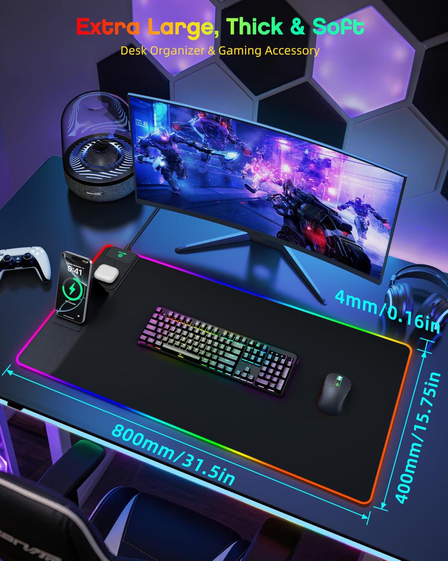 abc.mat 4-in-1 RGB Gaming Mouse Pad with Wireless Charging & Phone Stand, 31.5"x15.8" Large, 24 Light Effects, Non-Slip Base, Waterproof Ultra-Smooth Surface, with Adatper