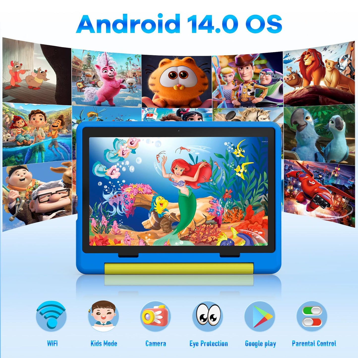 Jeazans Kids Tablet|Upgraded Android 14 Tablet 10 inch for Kids with Protective Case|Octa-Core|64GB|1TB TF Card Expandable|Dual Camera|Parental Control|Pre-intalled KIDOZ|Great Gift for Toddler(Blue)
