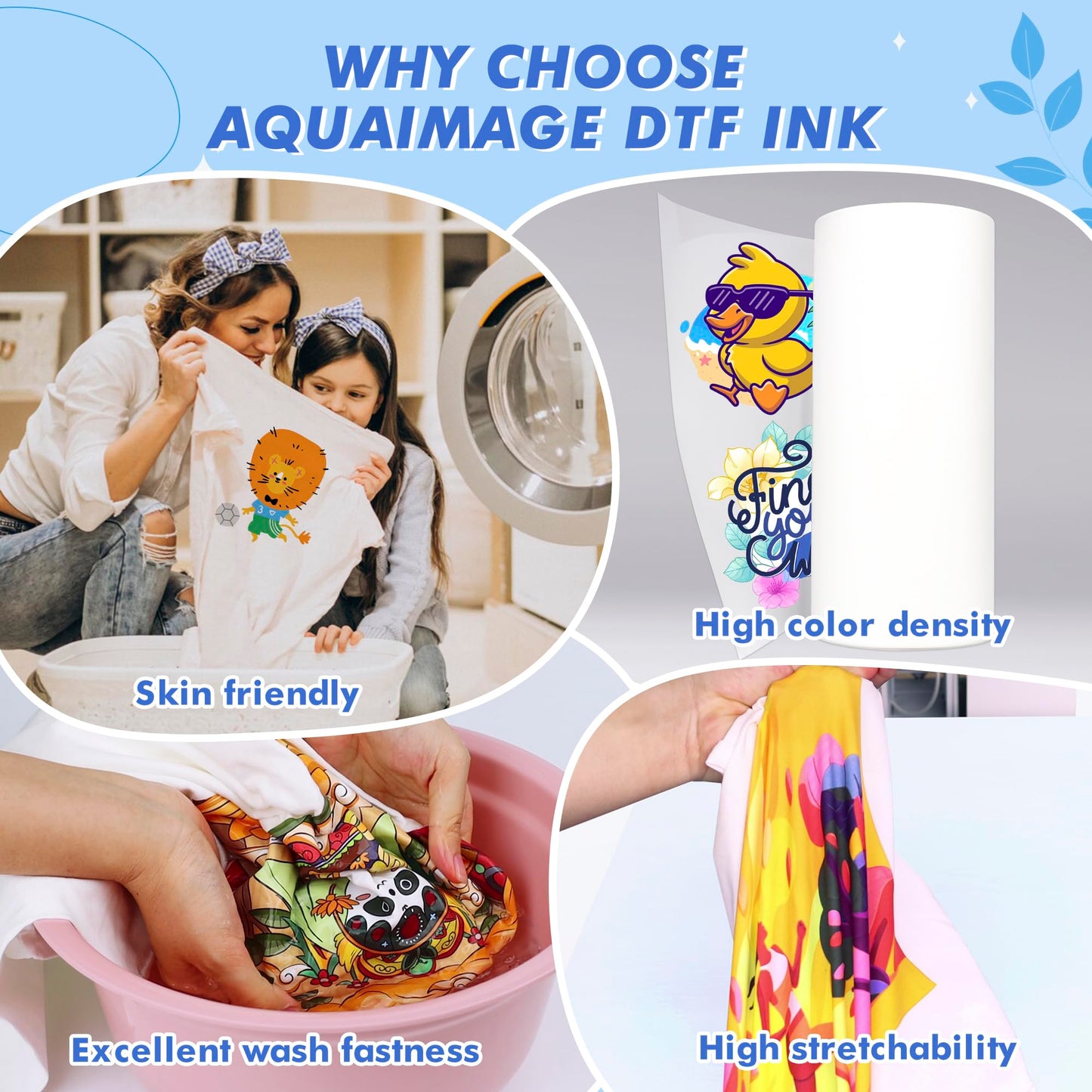 Aquaimage Dtf Ink 1500ml Dtf Printer Ink for Epson ET8550,L1800,XP15000, Bright Colors,DTF Transfer Ink for Pet Film, Refill Ink for P400, P800, P600, DX5, XP600. (250ml x 6, 2Wh+BKCMY)