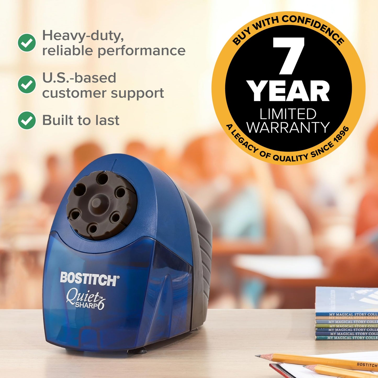 Bostitch Office QuietSharp Electric Pencil Sharpener, Heavy Duty Classroom or Office Use, Size Selector with 6 Different Sizes, Blue