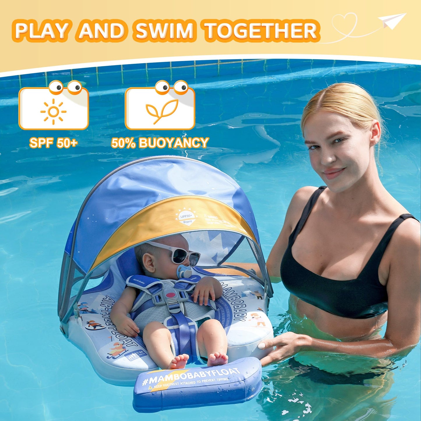 Baby Floats for Pool with Canopy Removable UPF 50+ UV Sun Protection Canopy,Mambobaby Infant Pool Float Non Inflatable Soft Skin-Friendly Leather Material Infant Swim Float 3-24 Months