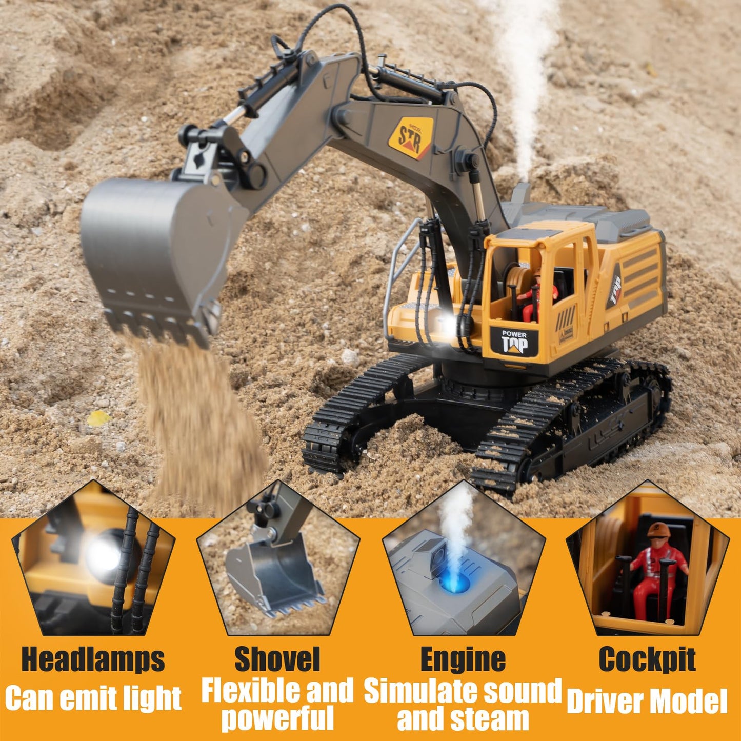 KASQERT Remote Control Excavator Toys for Boys,14 Channel RC Digger Construction Toys Tractor,Simulated Smoke, Sound, Lighting, Metal Digging Head, for Boys 6 7 8 9 10 11 12