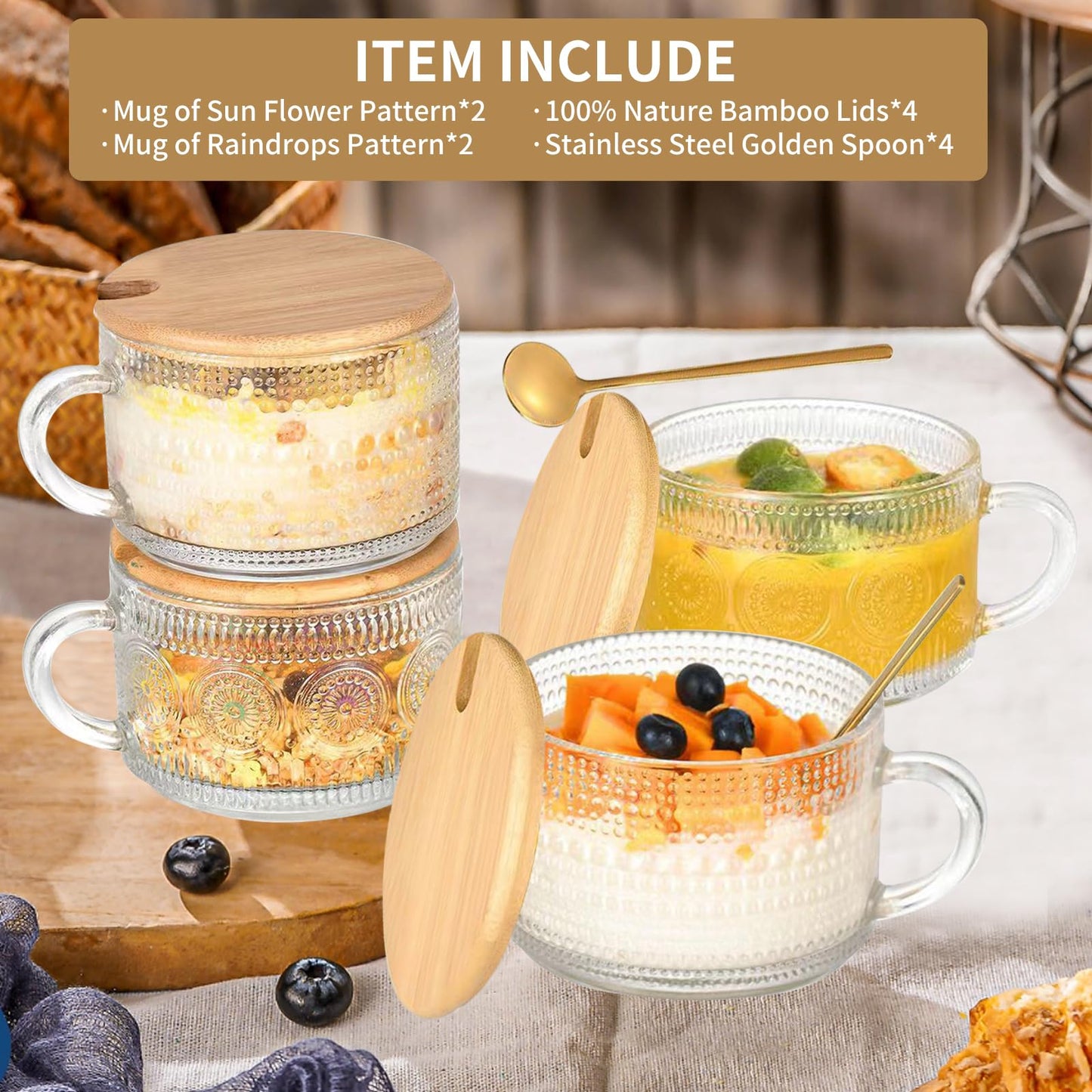 DOPUDO 6pcs Vintage Coffee Mugs 14oz, Overnight Oats Containers with Bamboo Lids and Spoons - Clear Embossed Glass Cups, Cute Iced Coffee Glasses Bar Accessories, Clear Cups Vintage gifts for women