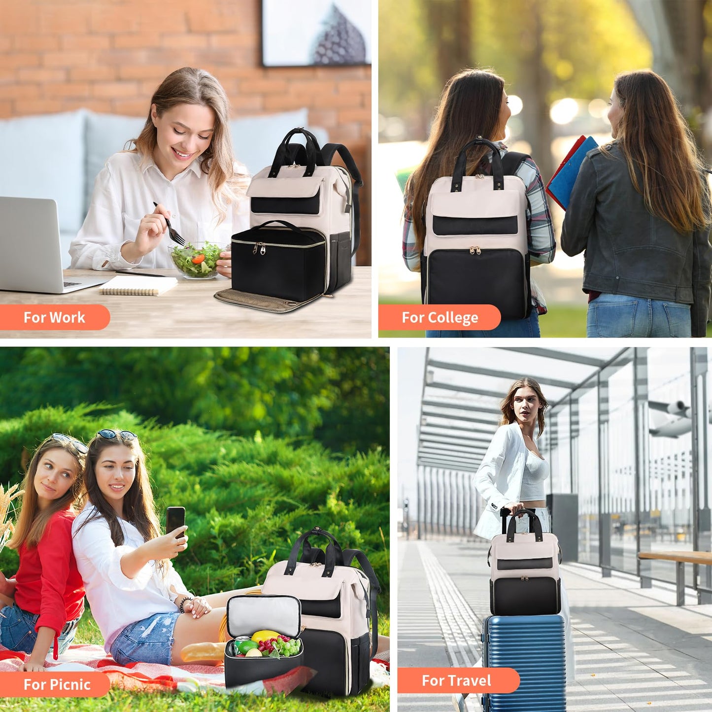 BERTASCHE Lunch Backpack for Women, 15.6 Inch Laptop Backpack with Insulated Cooler Lunch box, Work Backpack for Teacher Nurse Travel College Picnic, Black-Beige