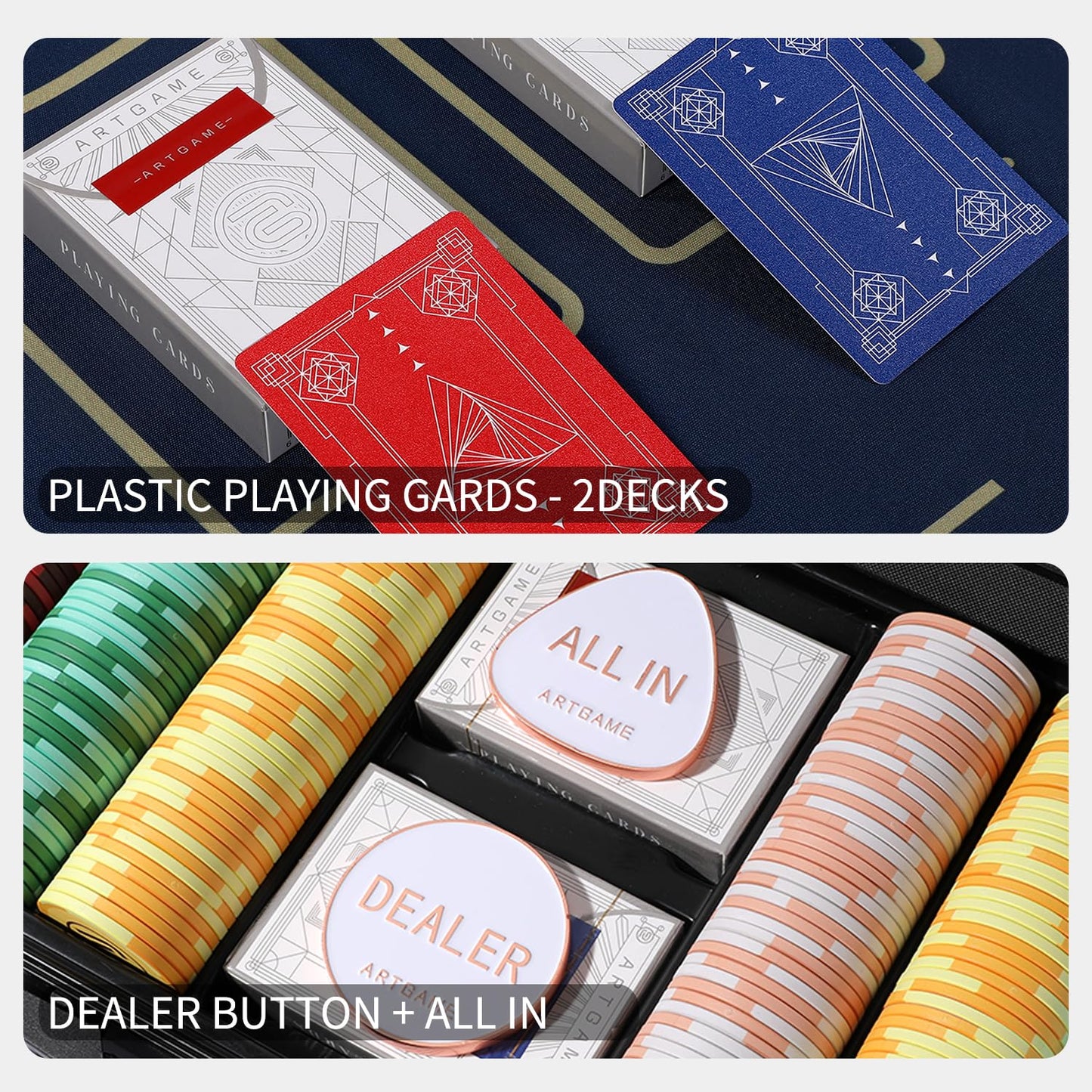 ARTGAME 14 Gram Clay Poker Chip Set for Texas Hold’em, 500Pcs Casino Style Chips, with K-Type Aluminum Case and Dealer Buttons.