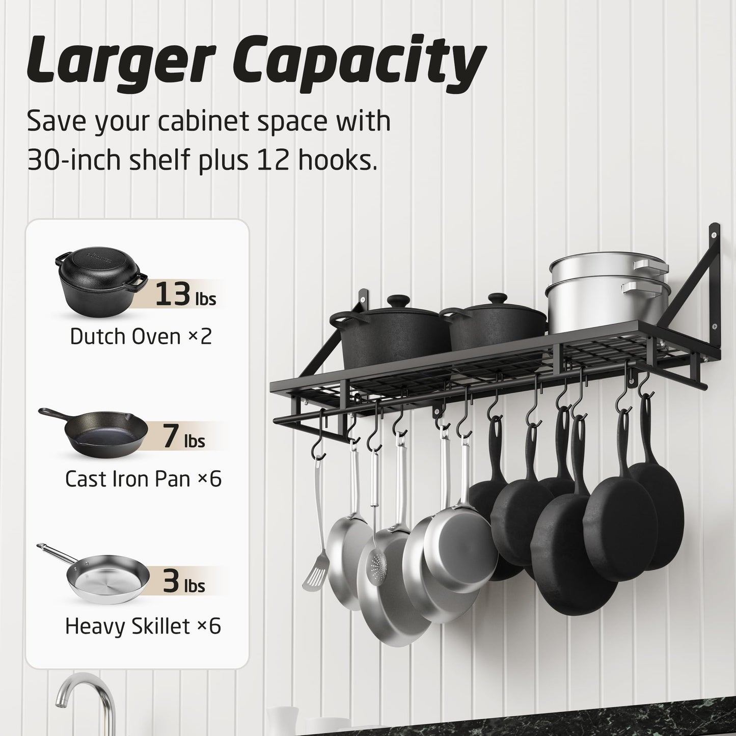 KES 30-Inch Kitchen Pan Pot Rack Wall Mounted Hanging Storage Organizer Wall Shelf with Hooks Matte Black, KUR215S75A-BK