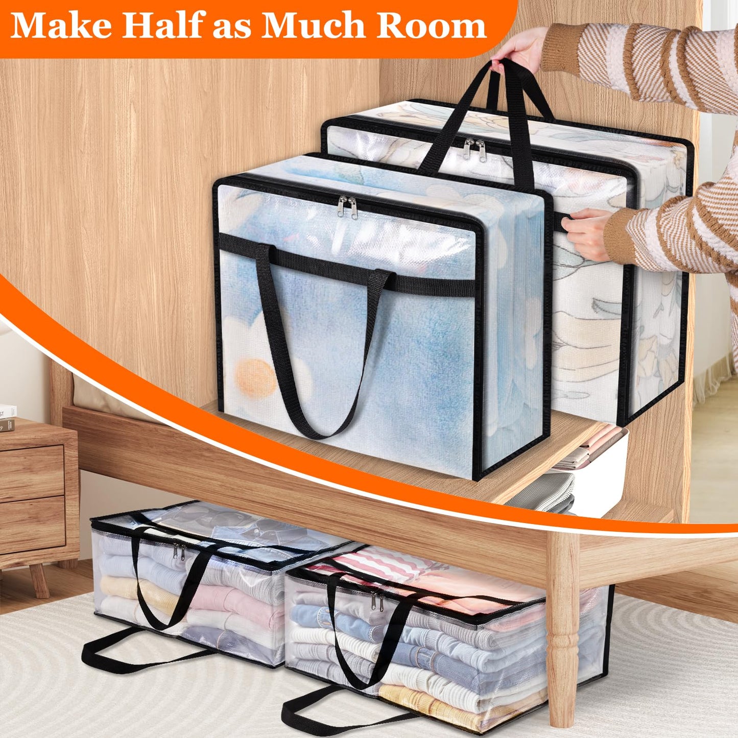 TasticTotes 6 Pack Clear Storage Bags for Comforter, Clothes & Bedding, Plastic Blanket Storage with Zipper and Handle, Moving Bags, Closet Organizer and Under-Bed Storage (60L)